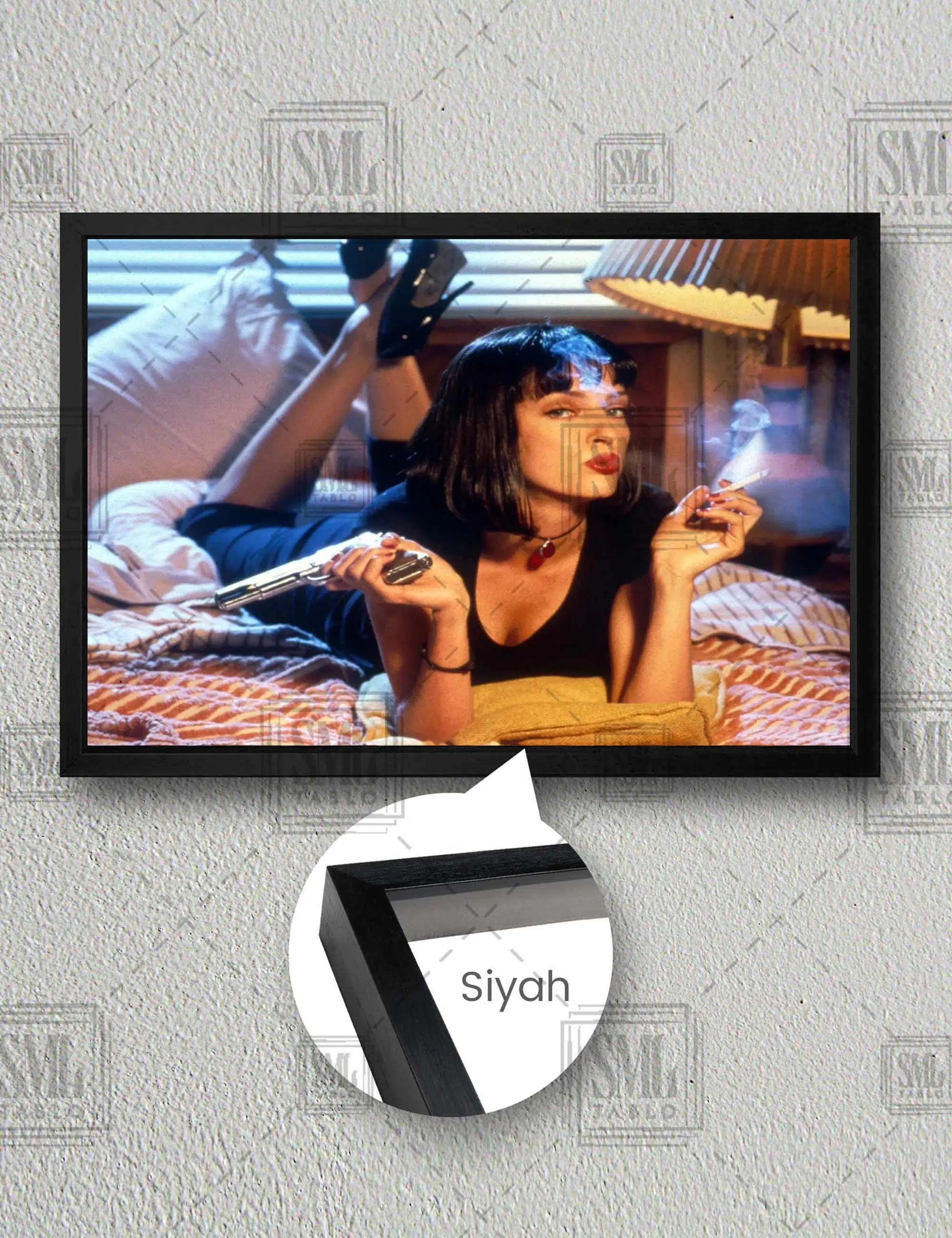Pulp Fiction Uma Thurman Ucuz Roman Quentin Tarantino Efsane Film Sanat Yatay Çerçeveli Kanvas Tablo - Siyah