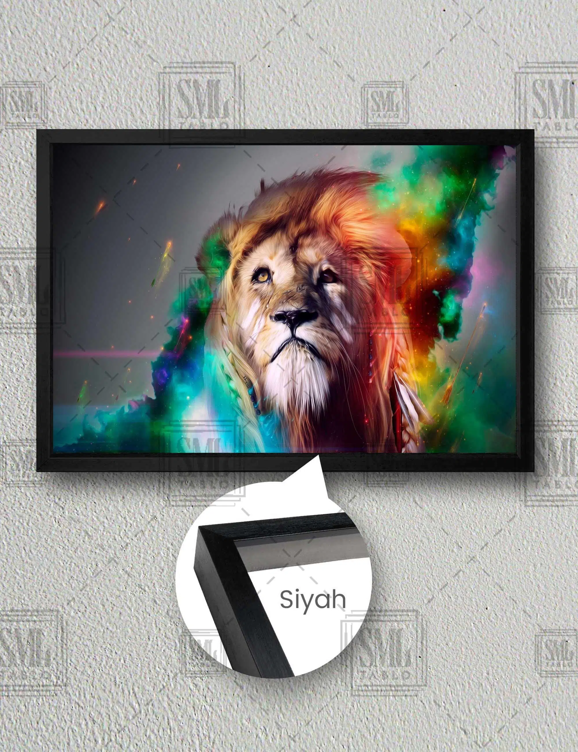 Rengarenk Aslan Vahşi Hayvan Dijital Sanat Dekor Yatay Çerçeveli Kanvas Tablo - Siyah