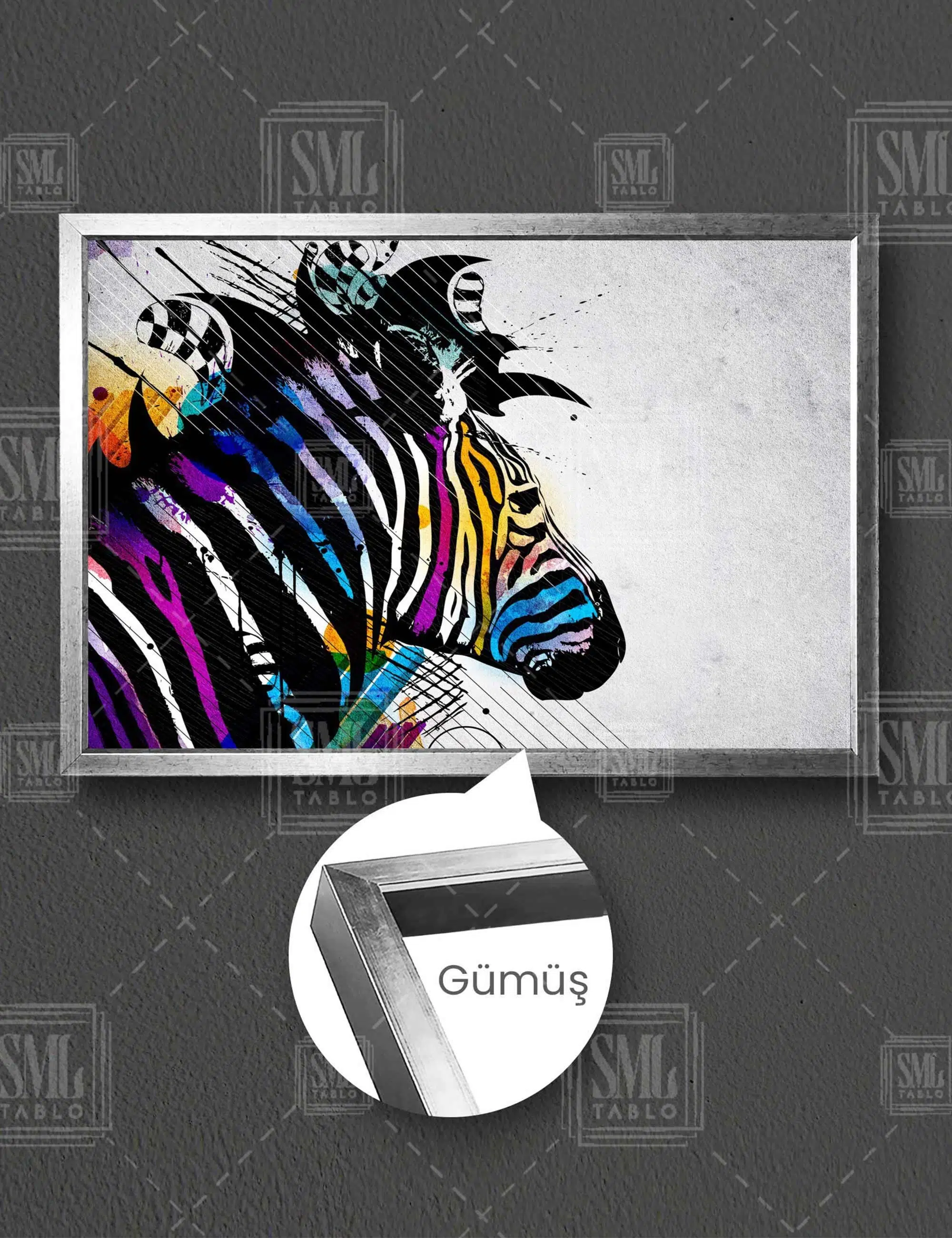 Rengarenk Zebra Kafası Renkli Hayvan Lüks Dekor Yatay Çerçeveli Kanvas Tablo - Gümüş