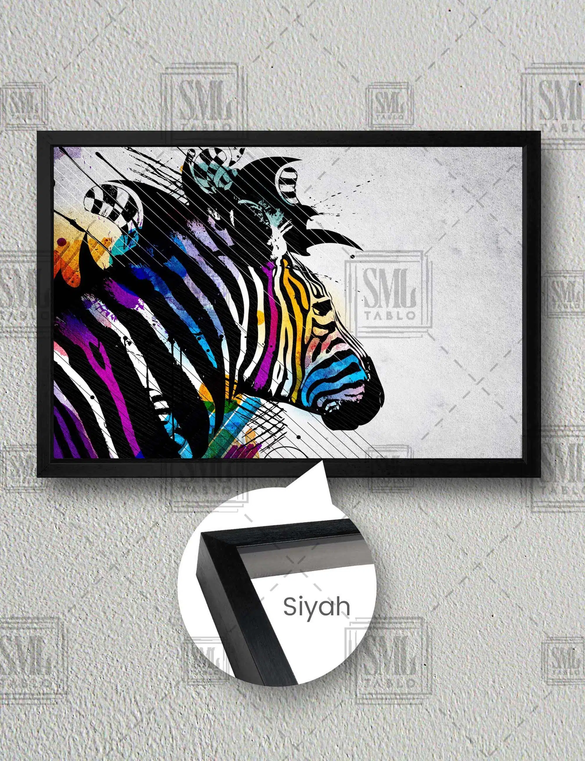 Rengarenk Zebra Kafası Renkli Hayvan Lüks Dekor Yatay Çerçeveli Kanvas Tablo - Siyah