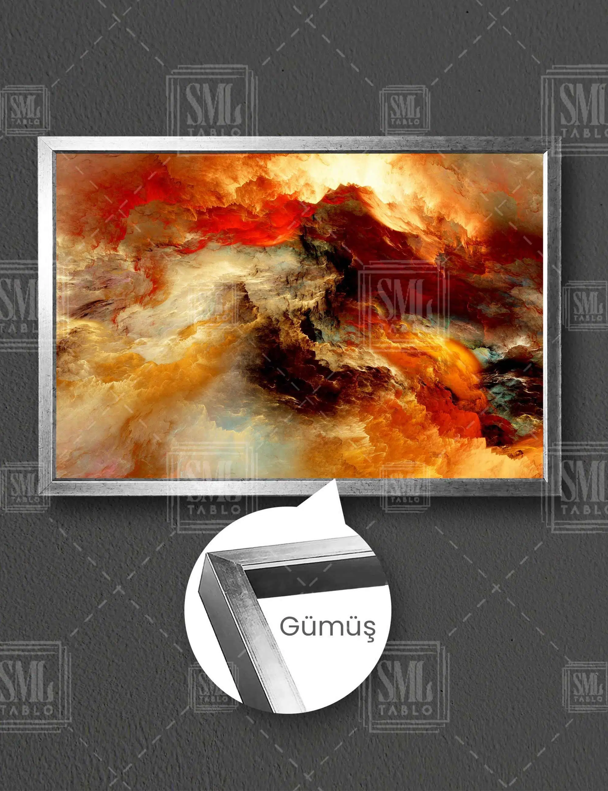 Renkli Bulutlar Soyut Sanat Modern Dekoratif Yatay Çerçeveli Kanvas Tablo - Gümüş