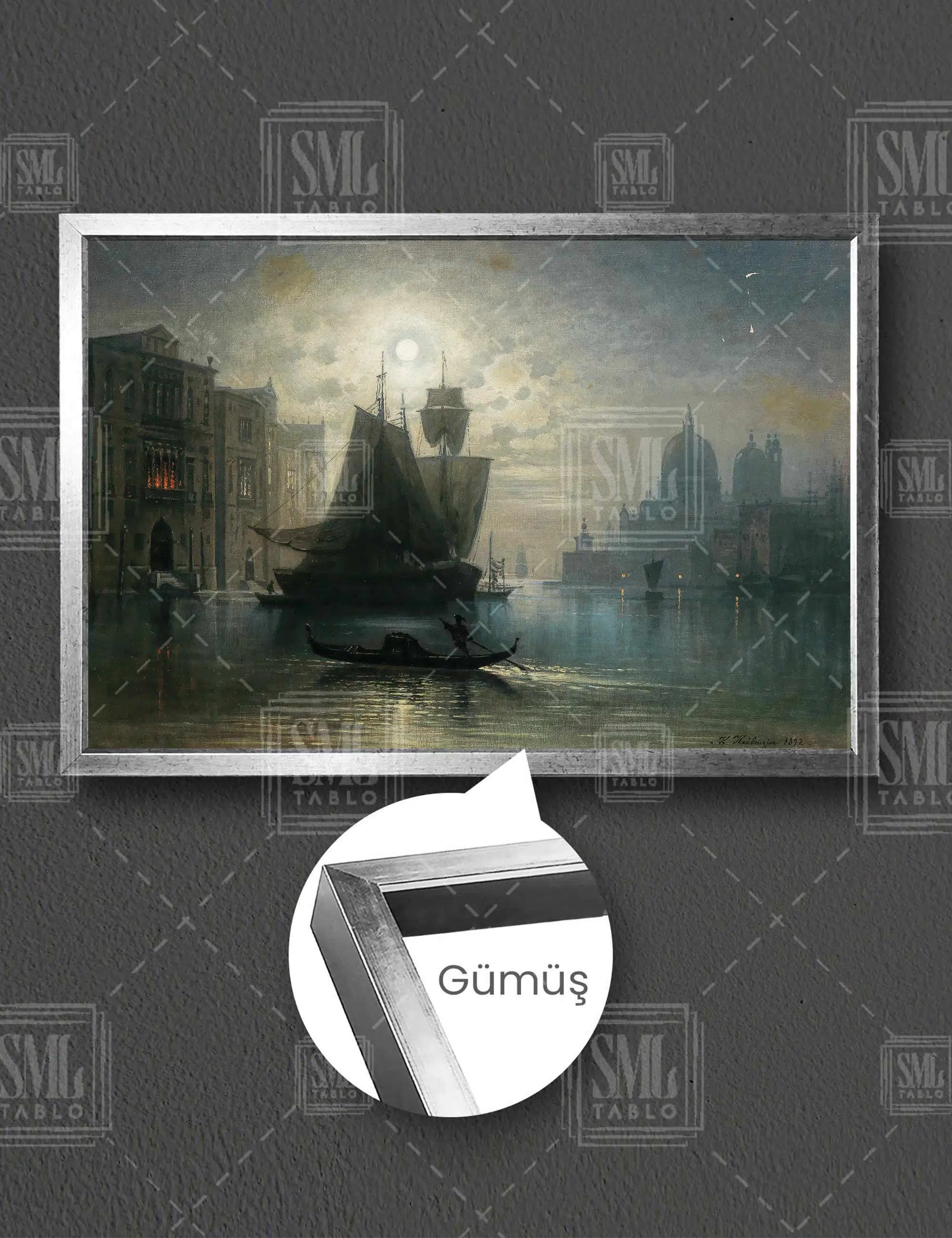 Ressam Karl Heilmayer Gün Batarken Sahildeki Gemiler Yatay Çerçeveli Kanvas Tablo - Gümüş