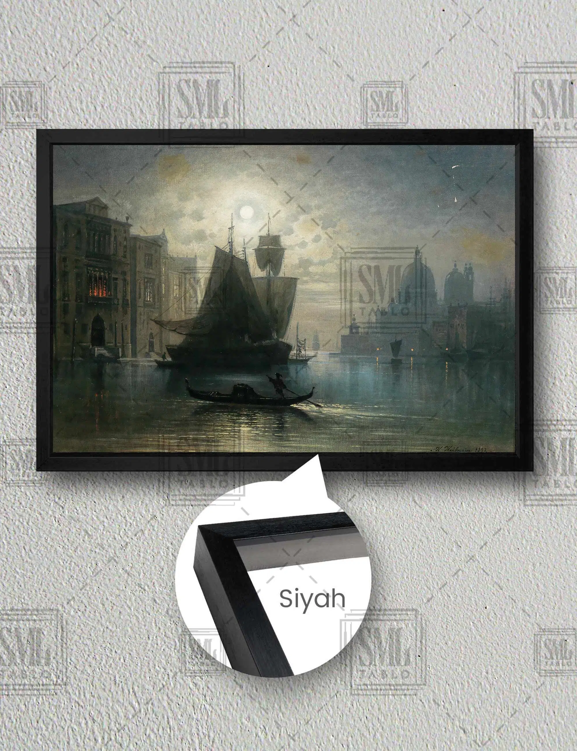 Ressam Karl Heilmayer Gün Batarken Sahildeki Gemiler Yatay Çerçeveli Kanvas Tablo - Siyah