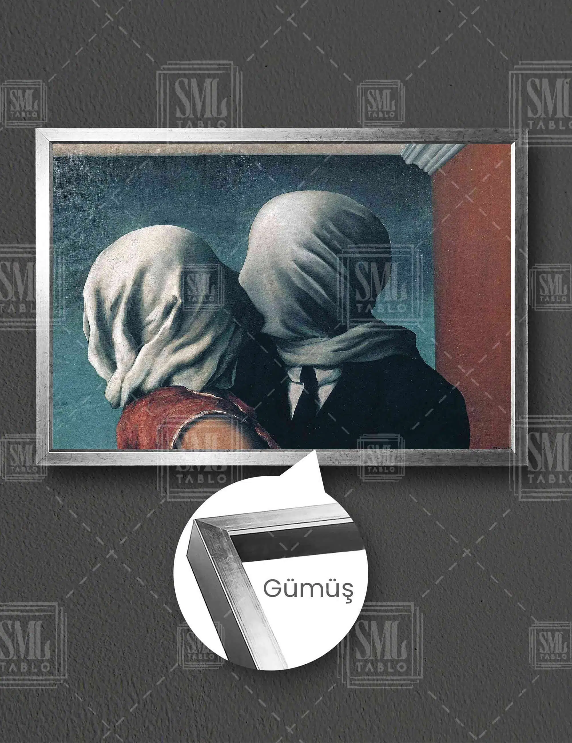 Ressam Rene Magritte Aşıklar Eseri Öpüşen Çift Sanat Yatay Çerçeveli Kanvas Tablo - Gümüş
