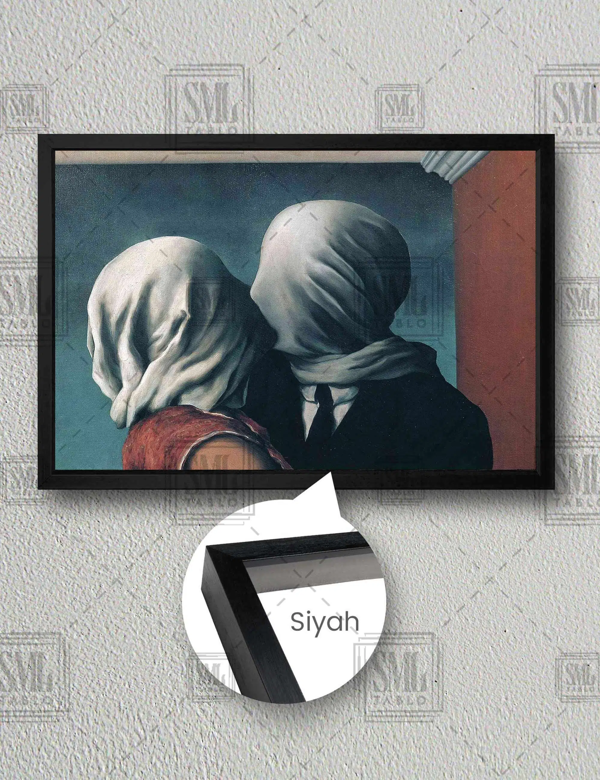 Ressam Rene Magritte Aşıklar Eseri Öpüşen Çift Sanat Yatay Çerçeveli Kanvas Tablo - Siyah