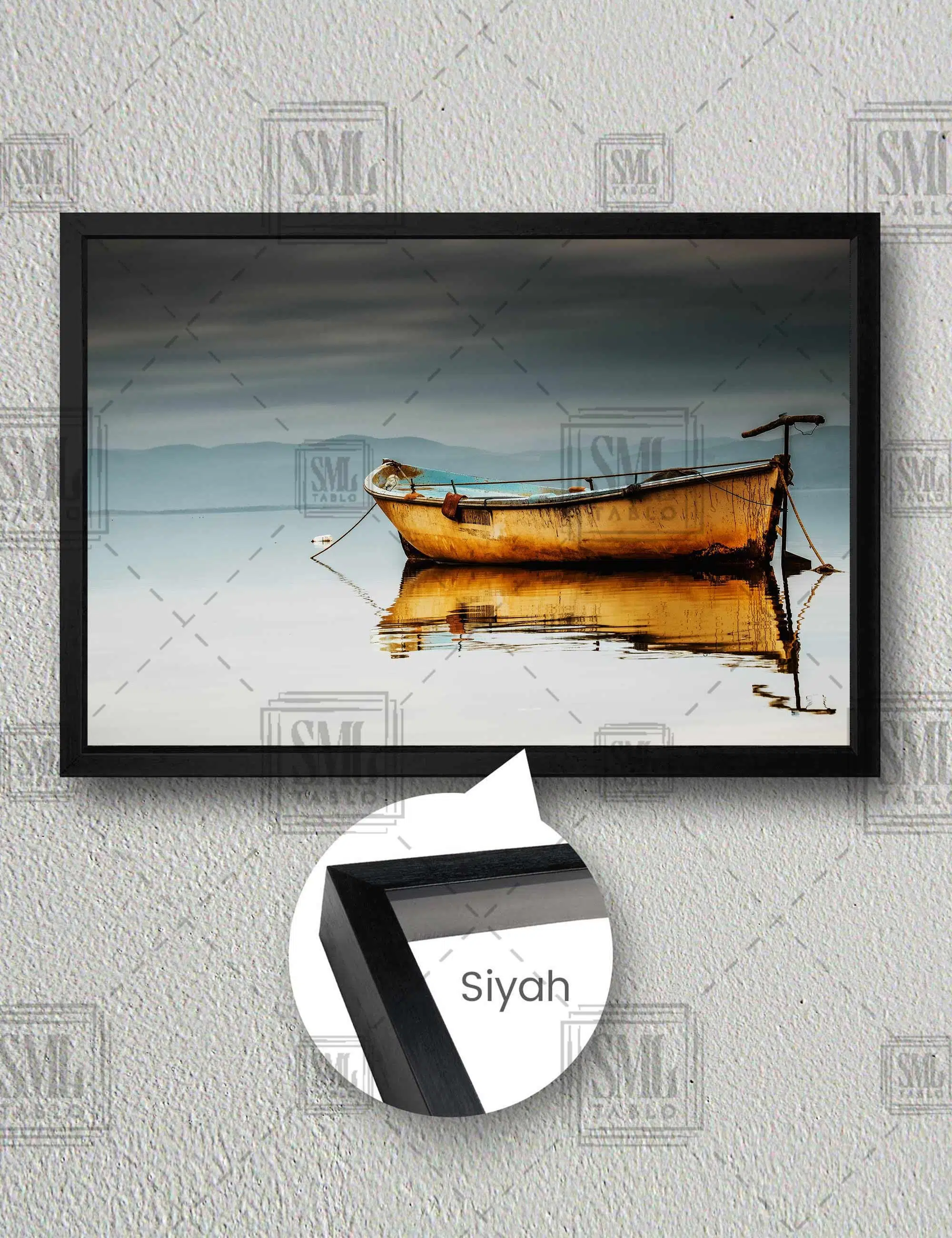 Sahildeki Sandal Deniz Manzara Doğa Yalnızlık Yatay Çerçeveli Kanvas Tablo - Siyah