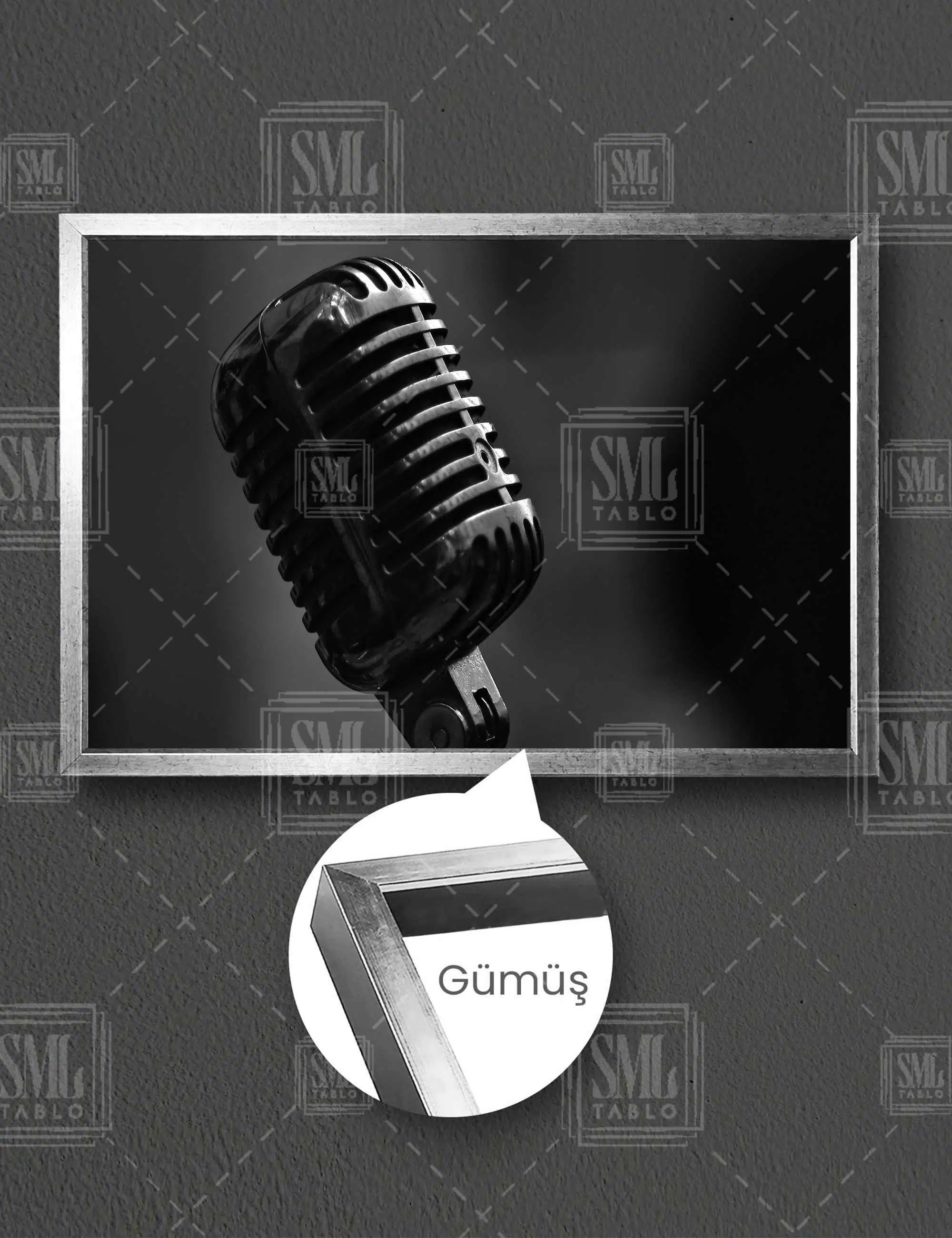 Siyah Gir Antika Mikrofon Müzik Sanat Nostalji Retro Dekor Yatay Çerçeveli Kanvas Tablo - Gümüş