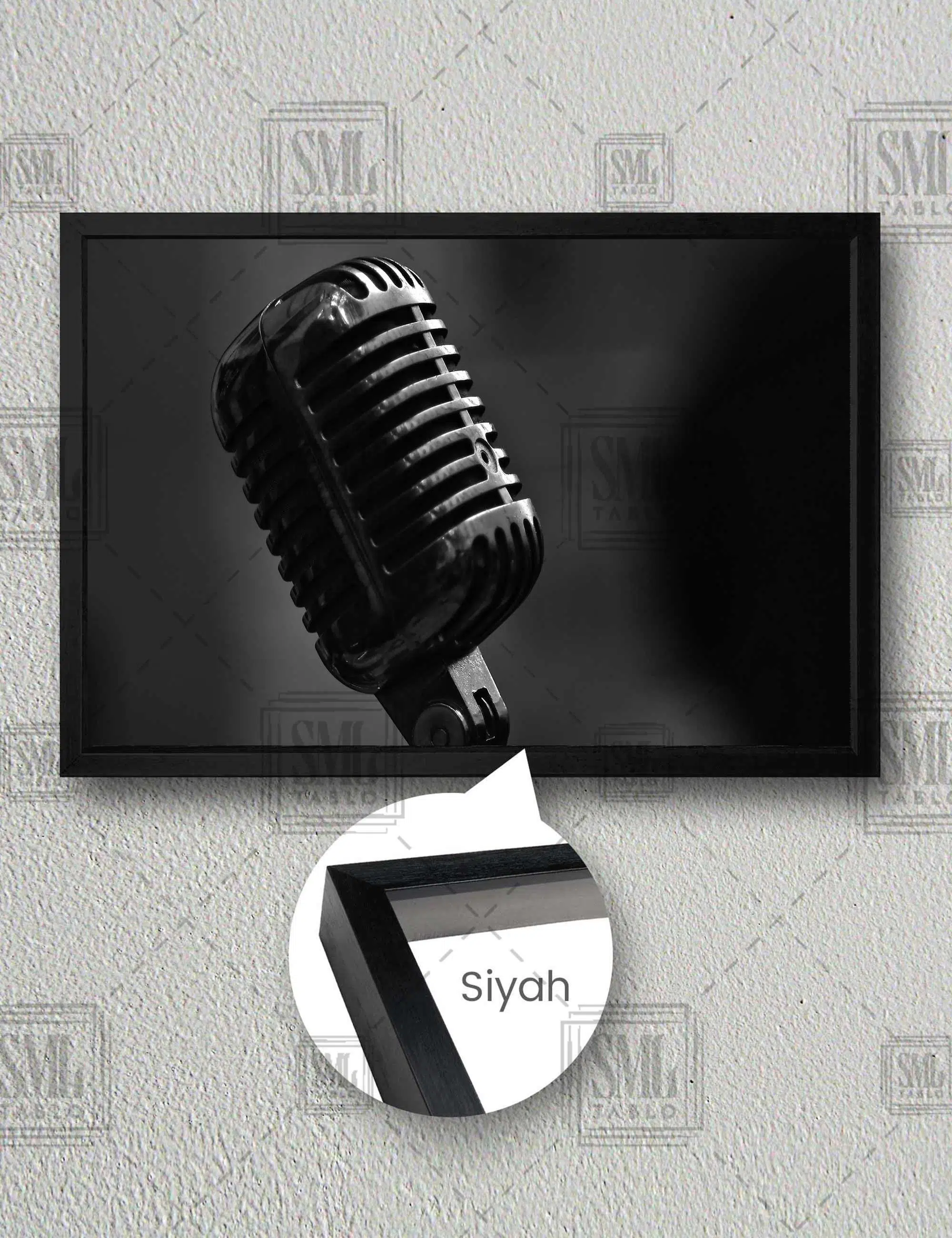 Siyah Gir Antika Mikrofon Müzik Sanat Nostalji Retro Dekor Yatay Çerçeveli Kanvas Tablo - Siyah