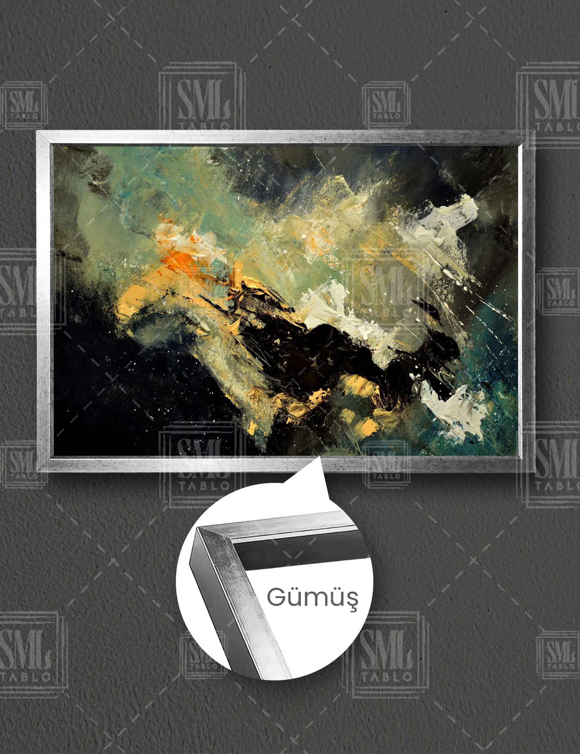 Siyah Koyu Yeşil Tonlar Modern Sanat Dekorasyon Abstract Dekor Yatay Çerçeveli Kanvas Tablo - Gümüş