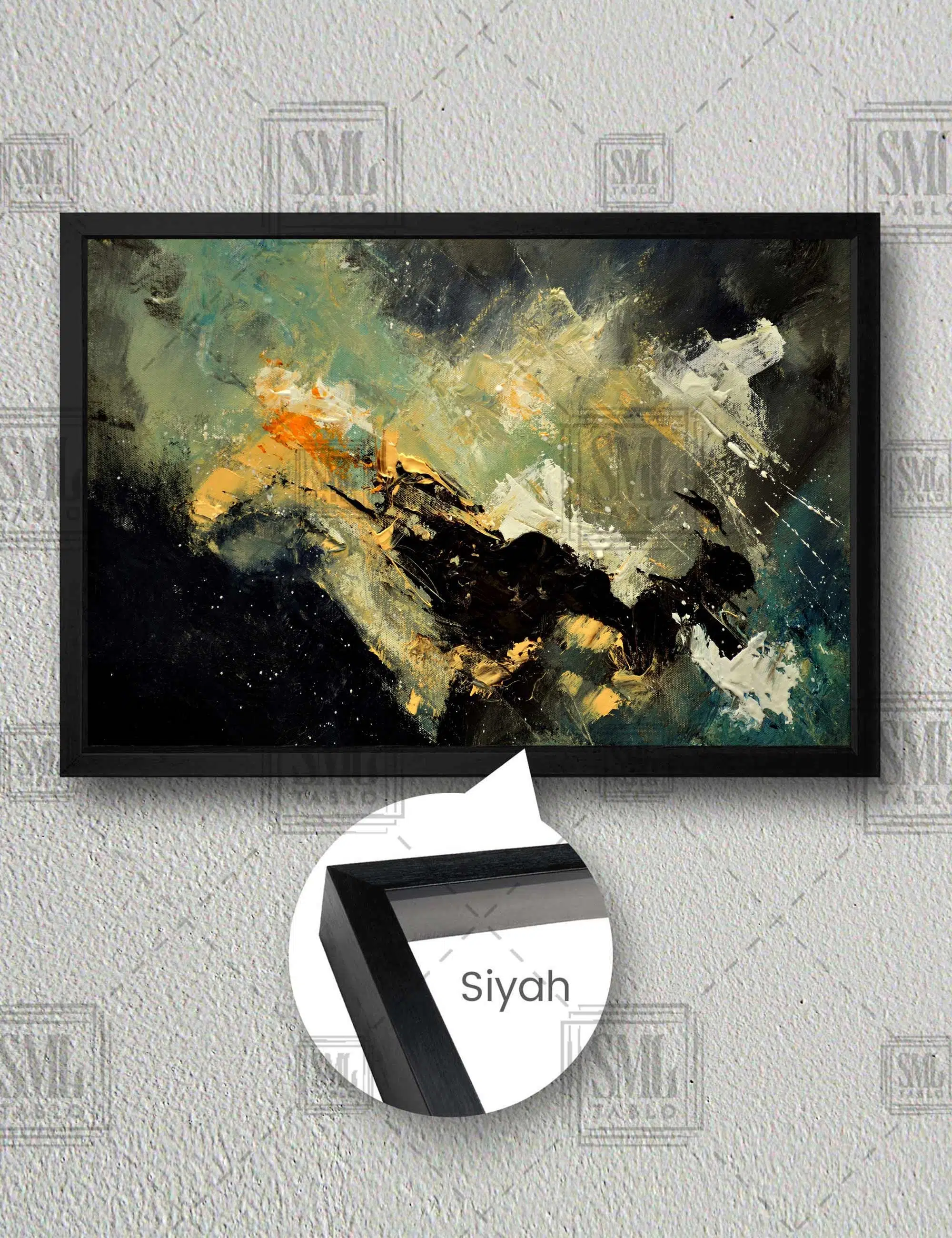 Siyah Koyu Yeşil Tonlar Modern Sanat Dekorasyon Abstract Dekor Yatay Çerçeveli Kanvas Tablo - Siyah