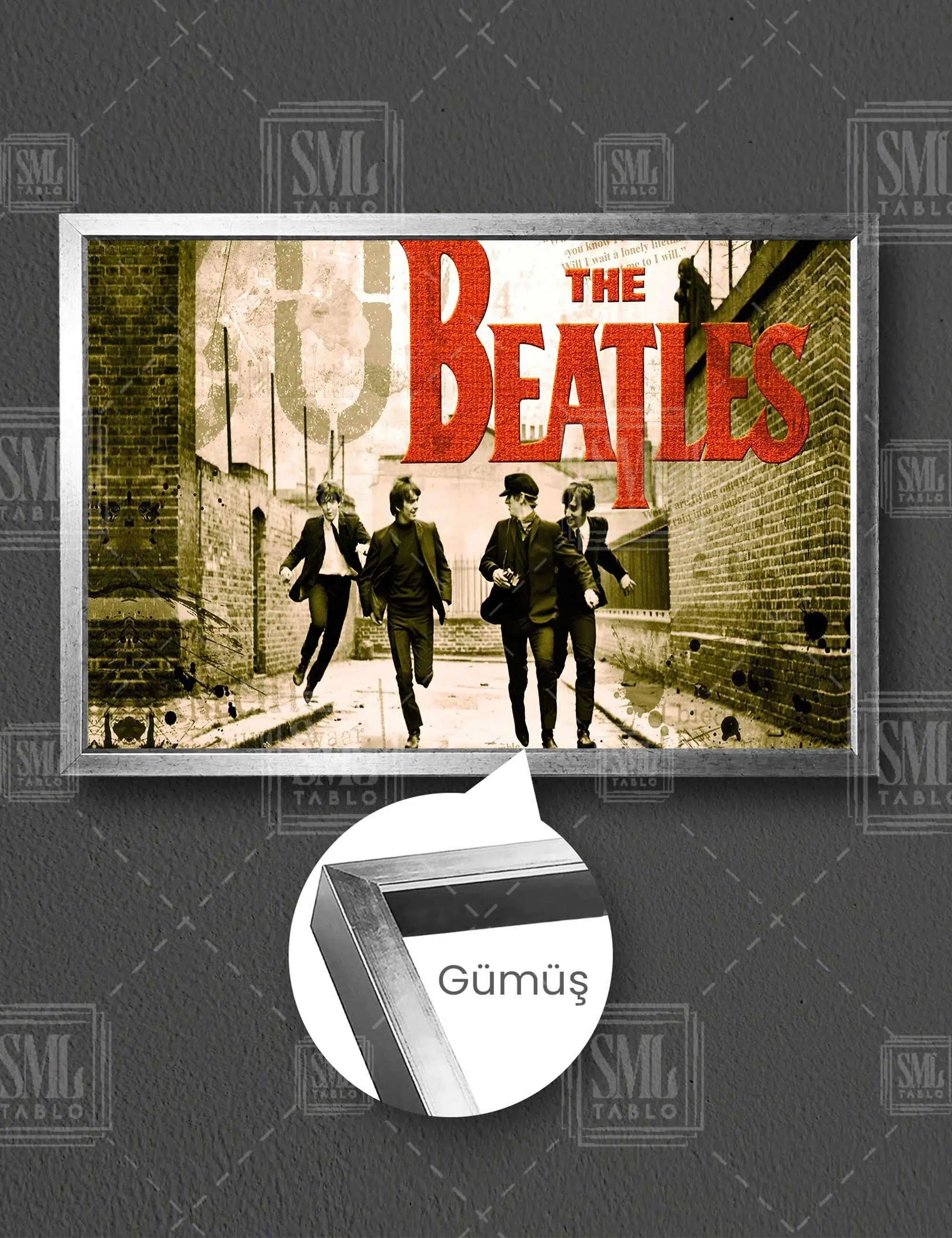 Sokakta Koşan The Beatles Rock Müzik Grubu John Lennon Efsane Müzik Yatay Çerçeveli Kanvas Tablo - Gümüş