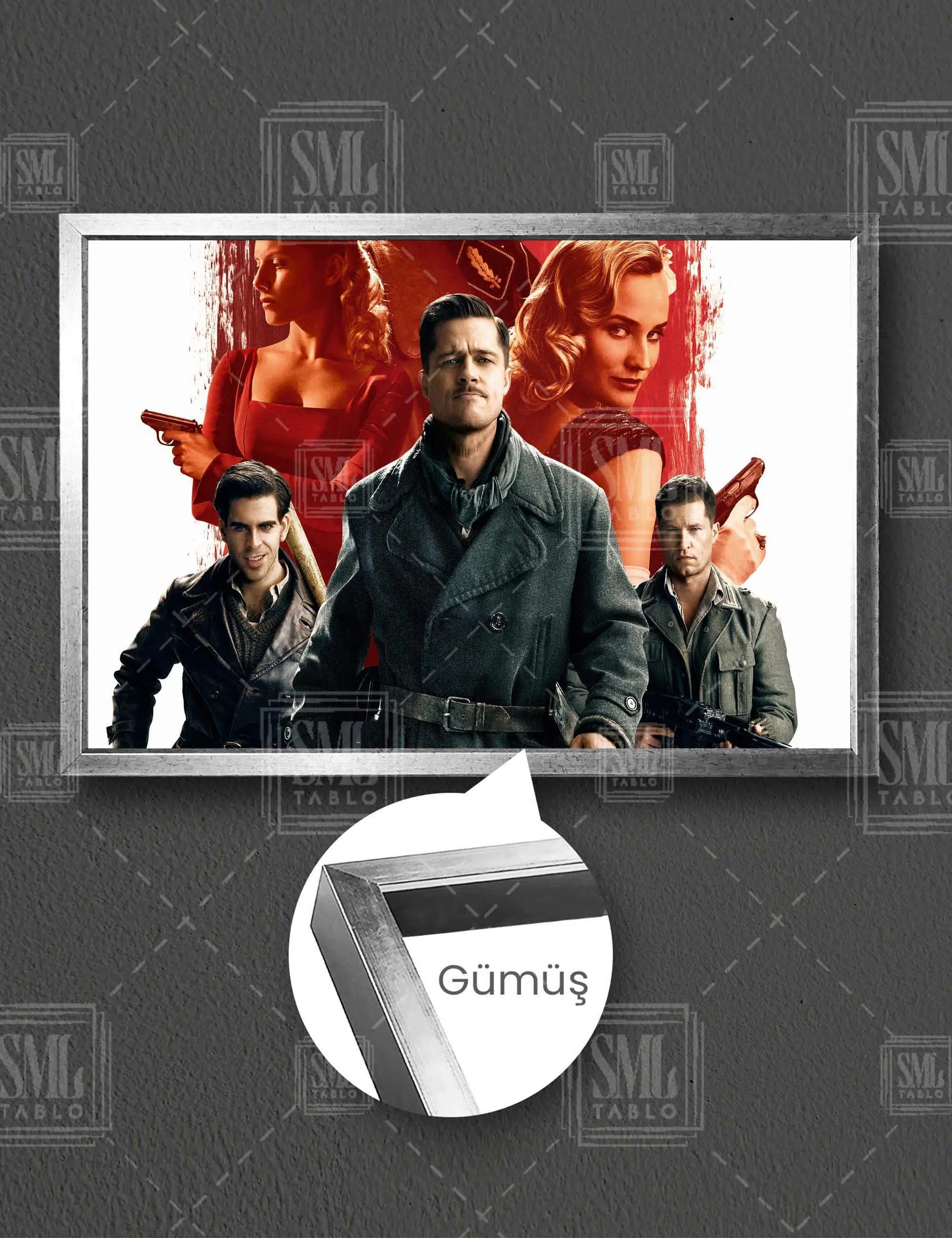 Soysuzlar Çetesi Brad Pitt Inglourıous Basterds Quentin Tarantino Film Yatay Çerçeveli Kanvas Tablo - Gümüş