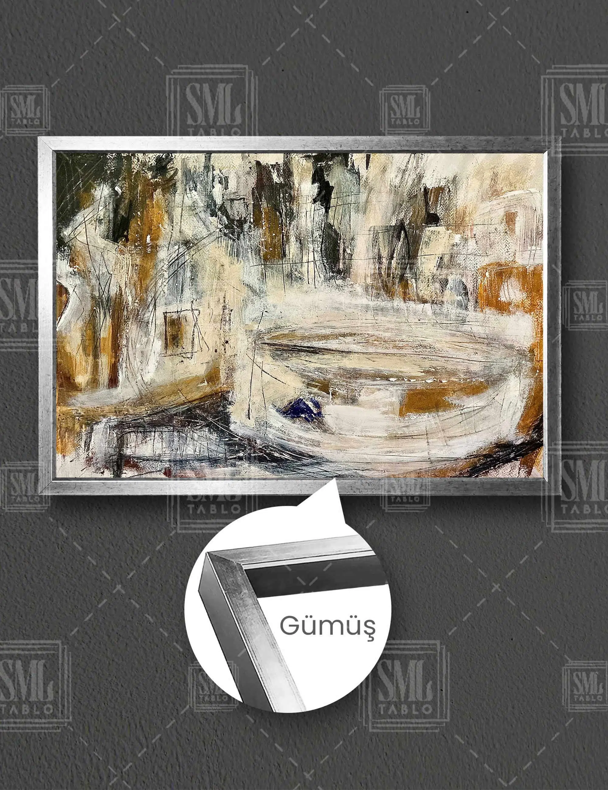 Soyut Sanat Dokusal Kahverengi Tonlar Dekoratif Yatay Çerçeveli Kanvas Tablo - Gümüş