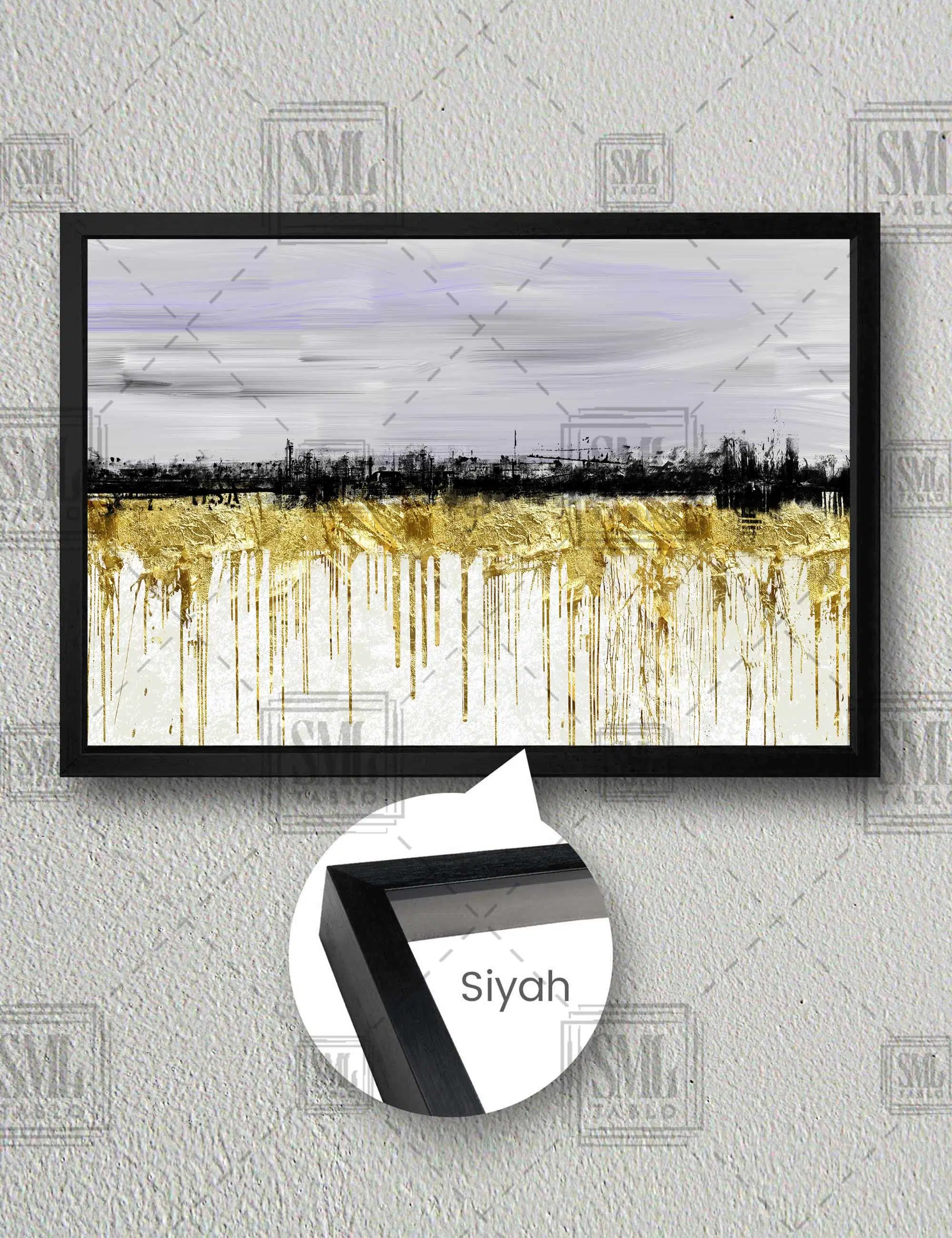 Soyut Şehir Gölgesi Altın Damlalar Gold Siyah Lüks Modern Dekor Yatay Çerçeveli Kanvas Tablo - Siyah