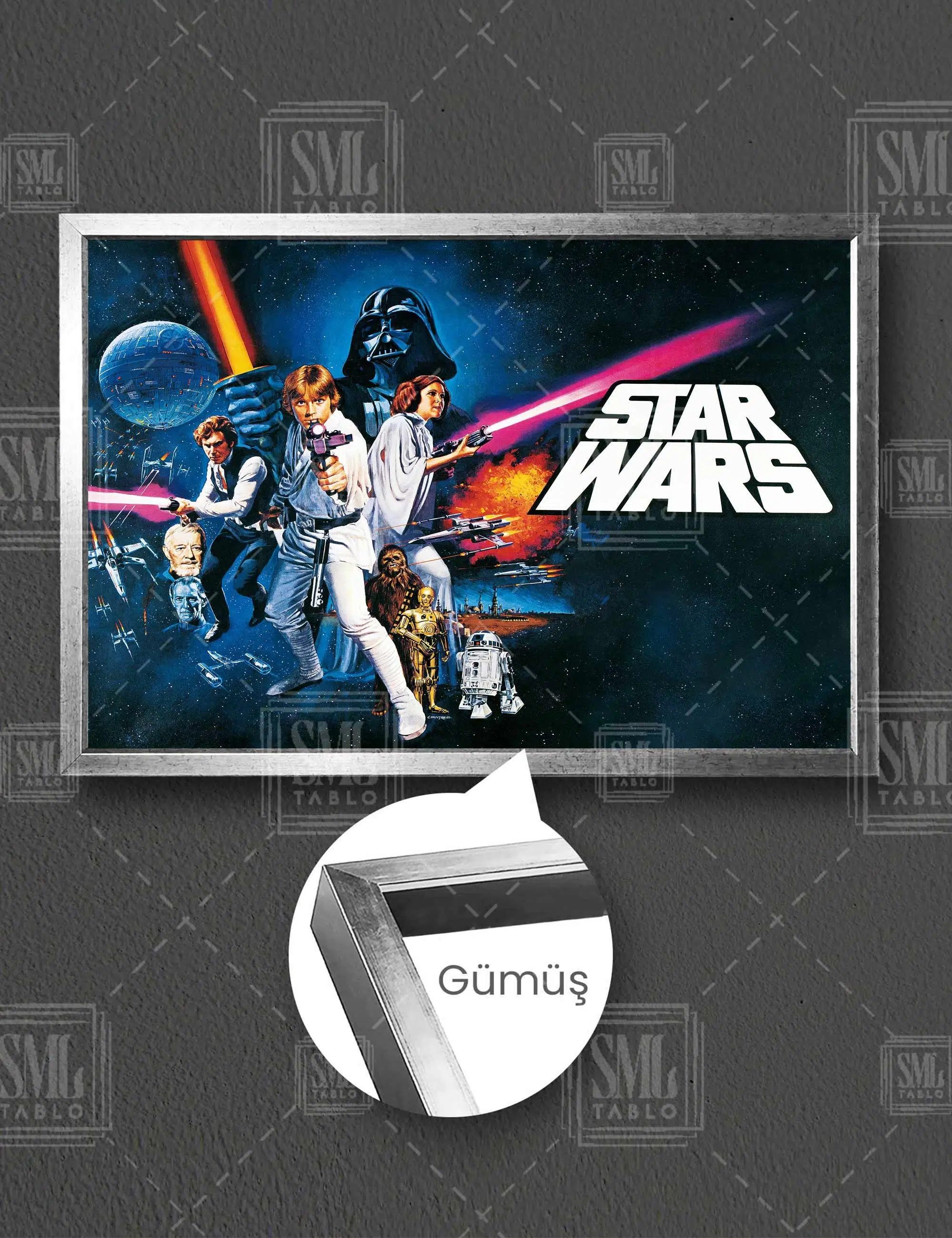 Star Wars Retro Işın Kılıcı Yıldız Savaşaları Dekor Film Sanat Yatay Çerçeveli Kanvas Tablo - Gümüş