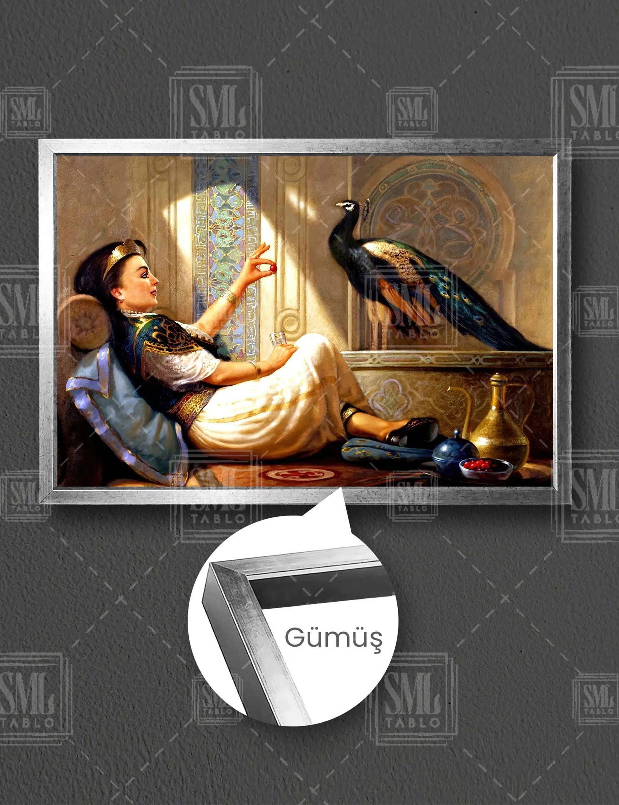 Tavus Kuşunu Besleyen Prenses Oryantelizm Sanat Yatay Çerçeveli Kanvas Tablo - Gümüş