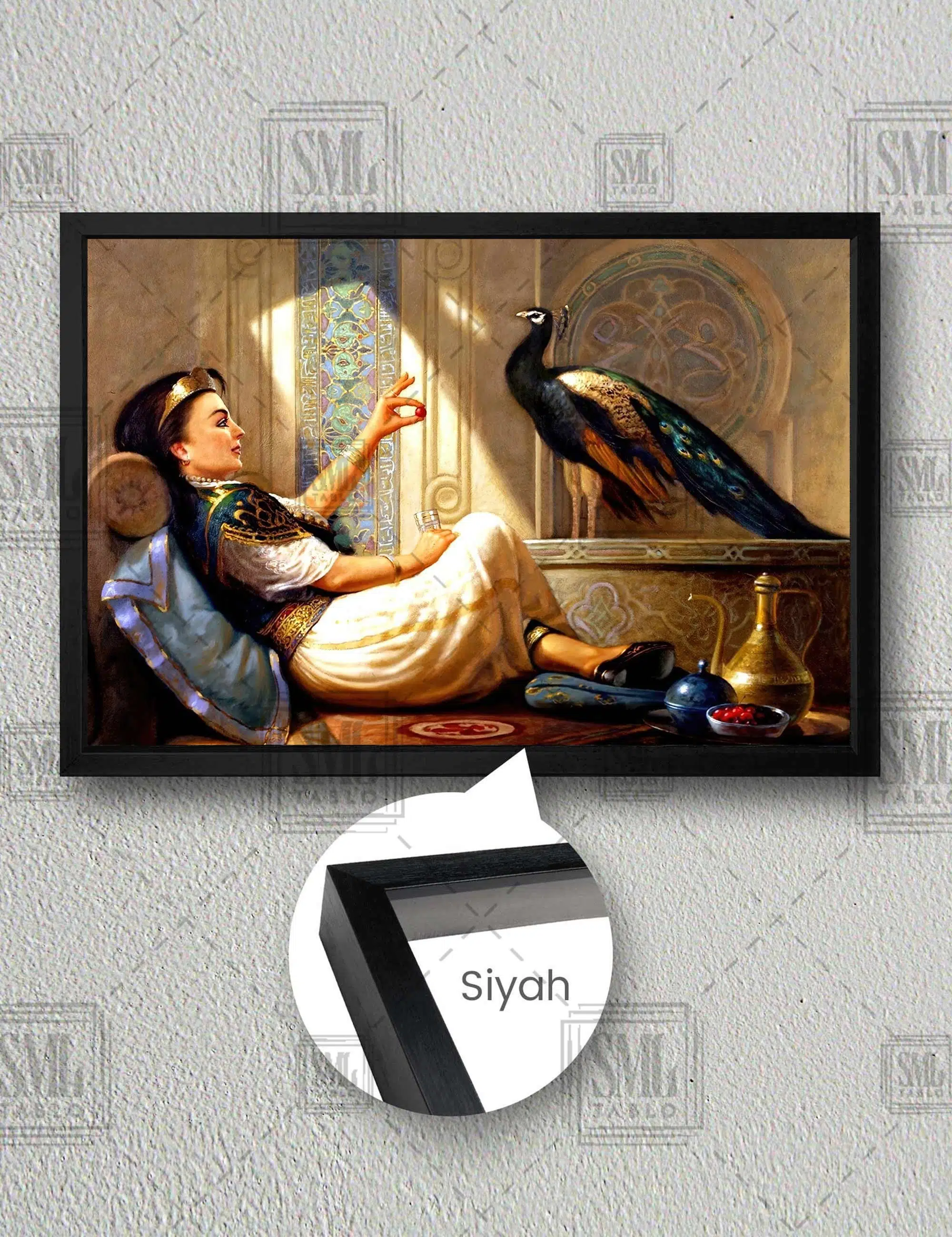 Tavus Kuşunu Besleyen Prenses Oryantelizm Sanat Yatay Çerçeveli Kanvas Tablo - Siyah