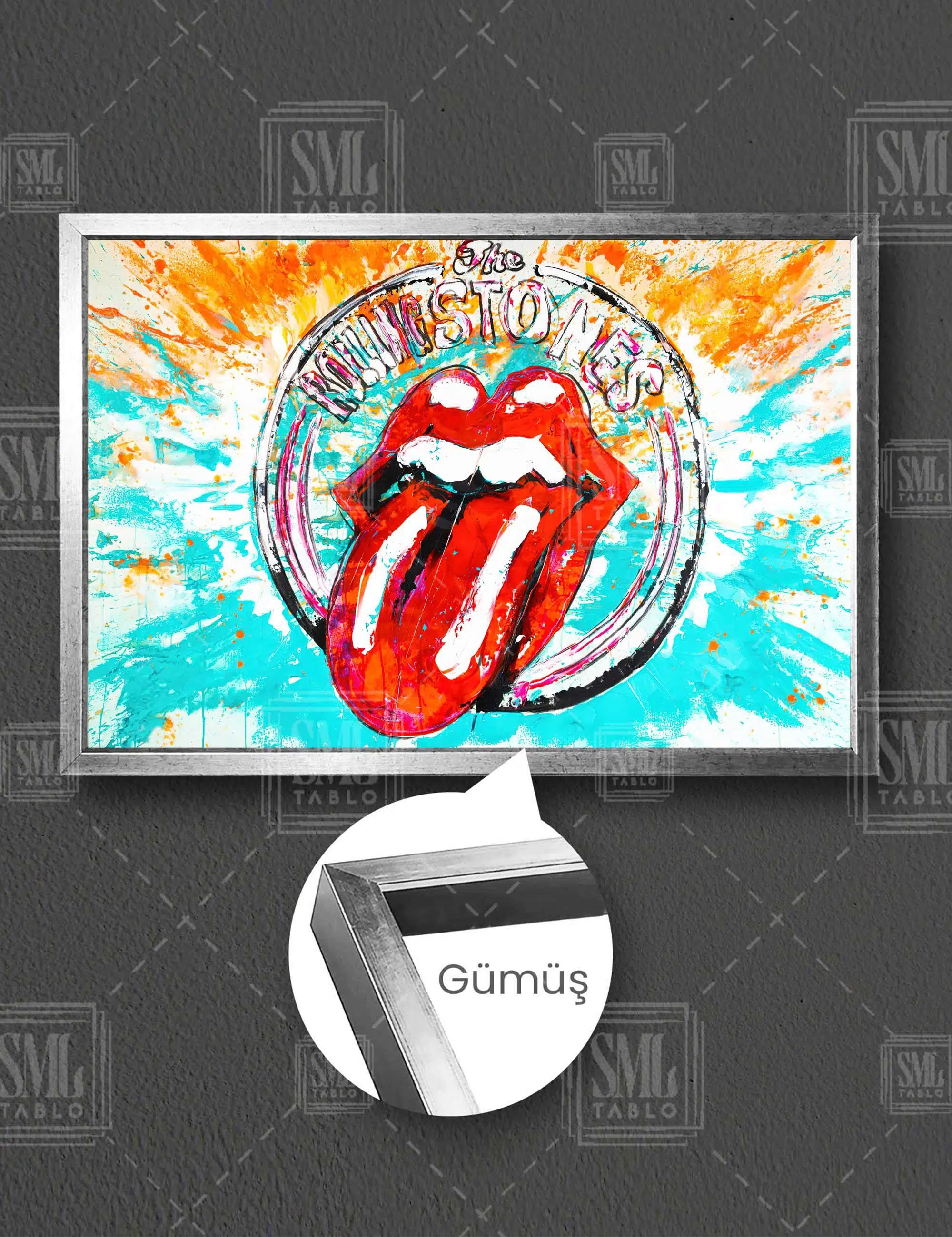 The Rolling Stones Amblemi Kırmızı Dudak Dil Dekor Rock Müzik Yatay Çerçeveli Kanvas Tablo - Gümüş