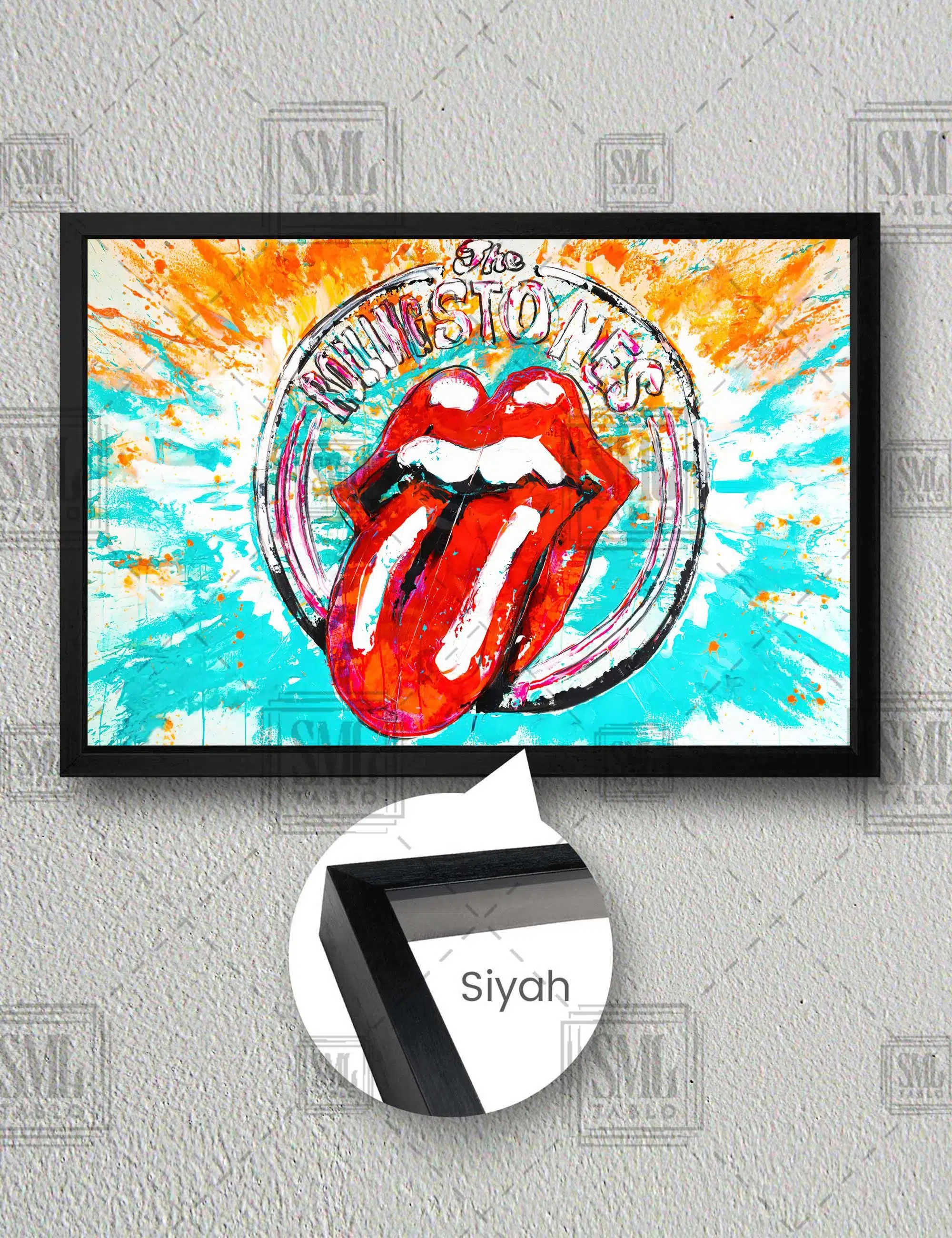The Rolling Stones Amblemi Kırmızı Dudak Dil Dekor Rock Müzik Yatay Çerçeveli Kanvas Tablo - Siyah