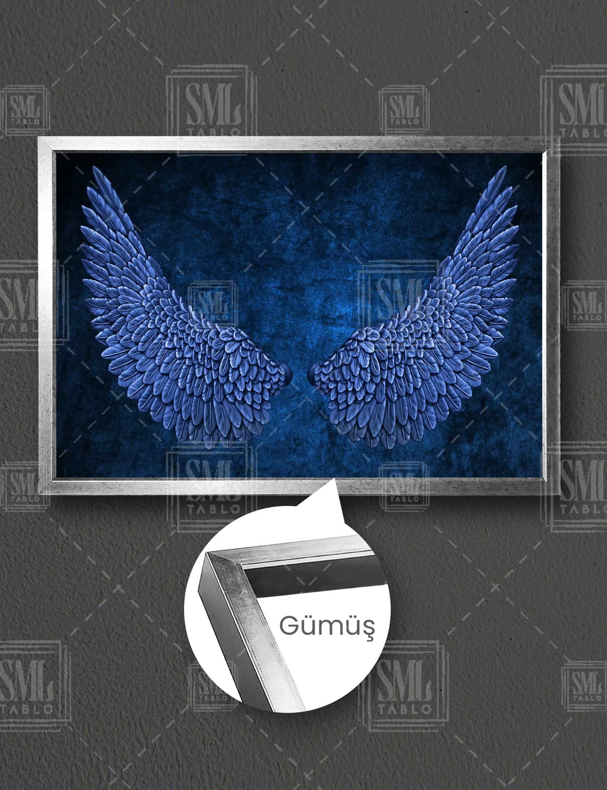 Turkuaz Mavi Melek Kanatları Angel Yatay Çerçeveli Kanvas Tablo - Gümüş