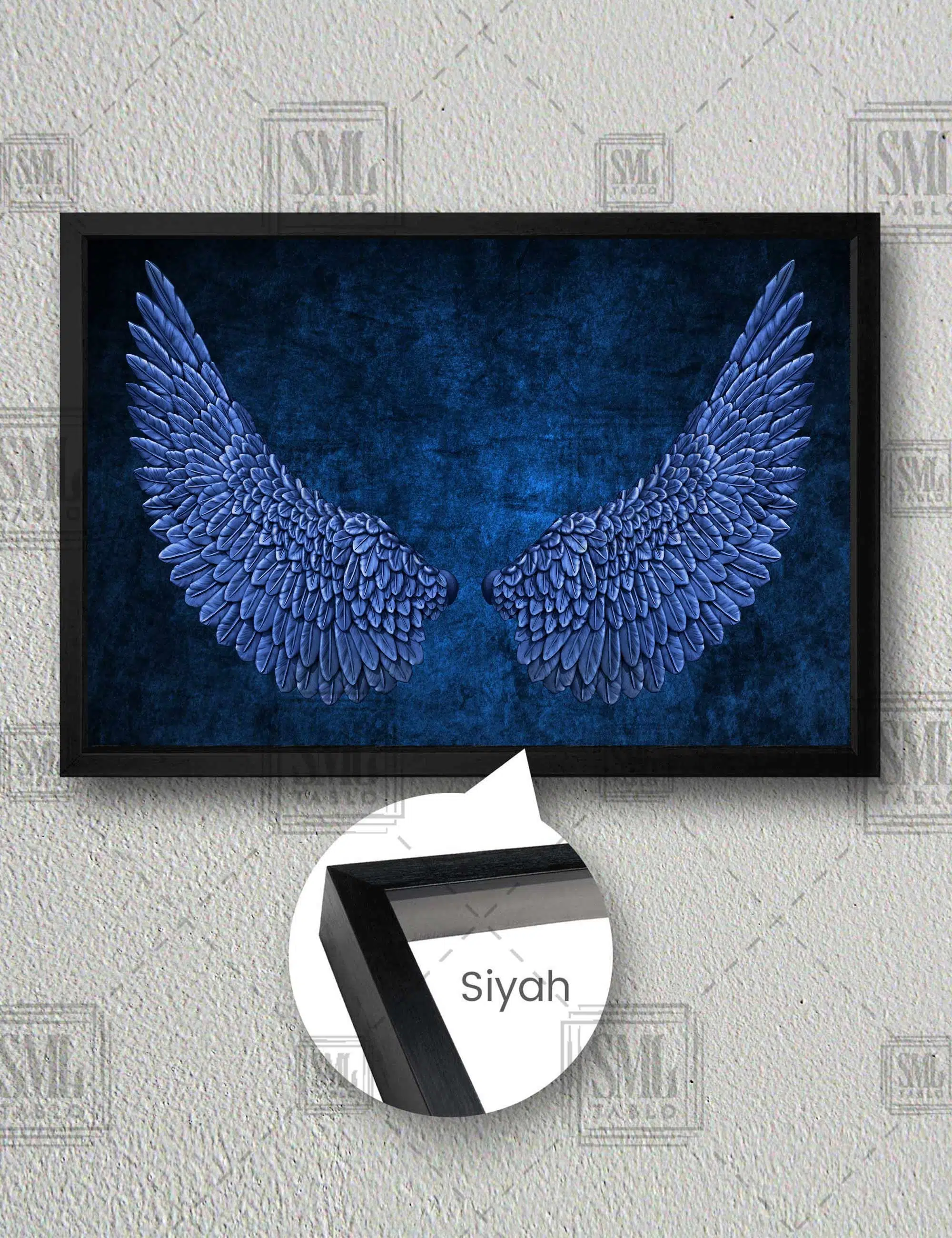 Turkuaz Mavi Melek Kanatları Angel Yatay Çerçeveli Kanvas Tablo - Siyah