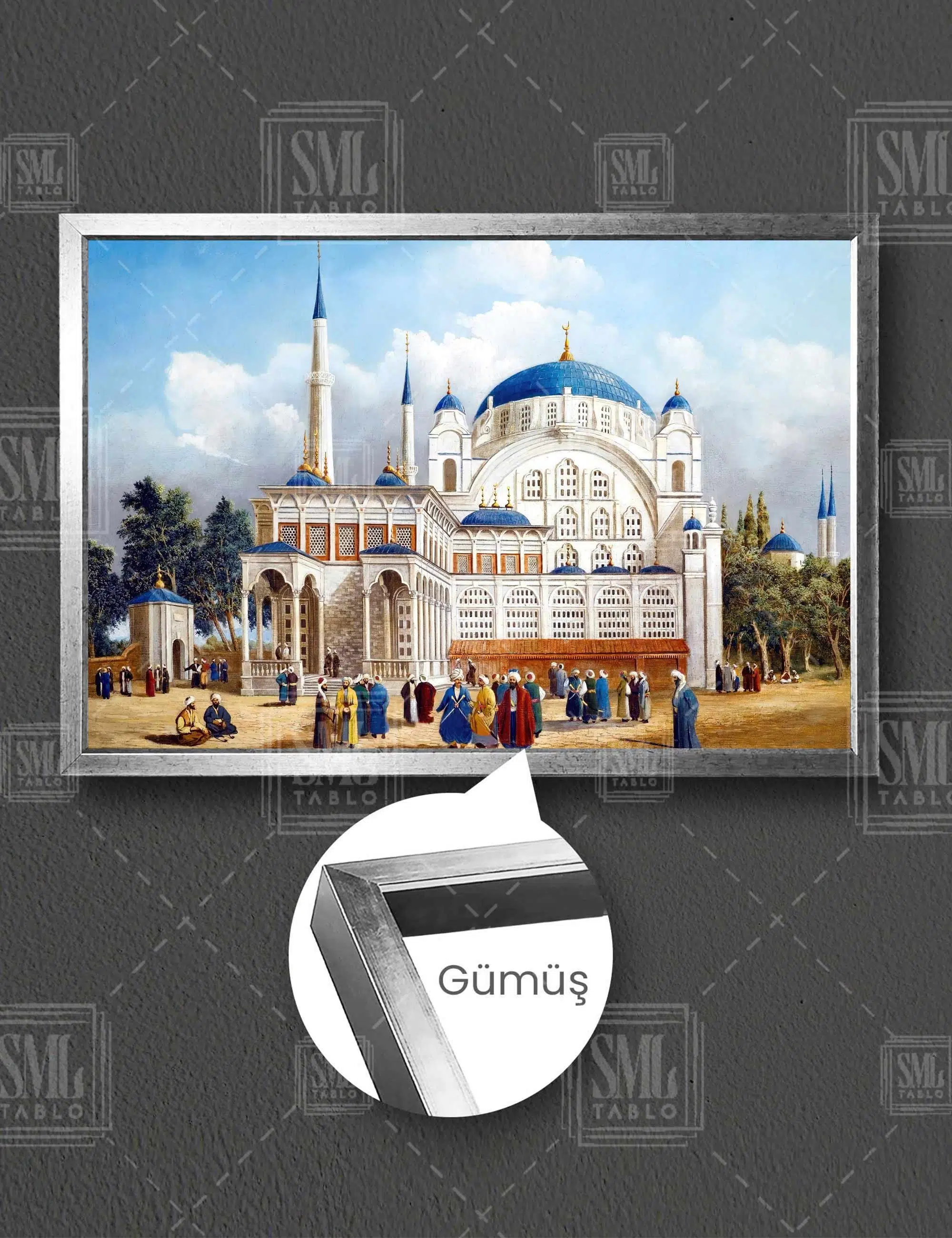 Üsküdar Selimiye Cami Osmanlı Doğa Manzara Yatay Çerçeveli Kanvas Tablo - Gümüş