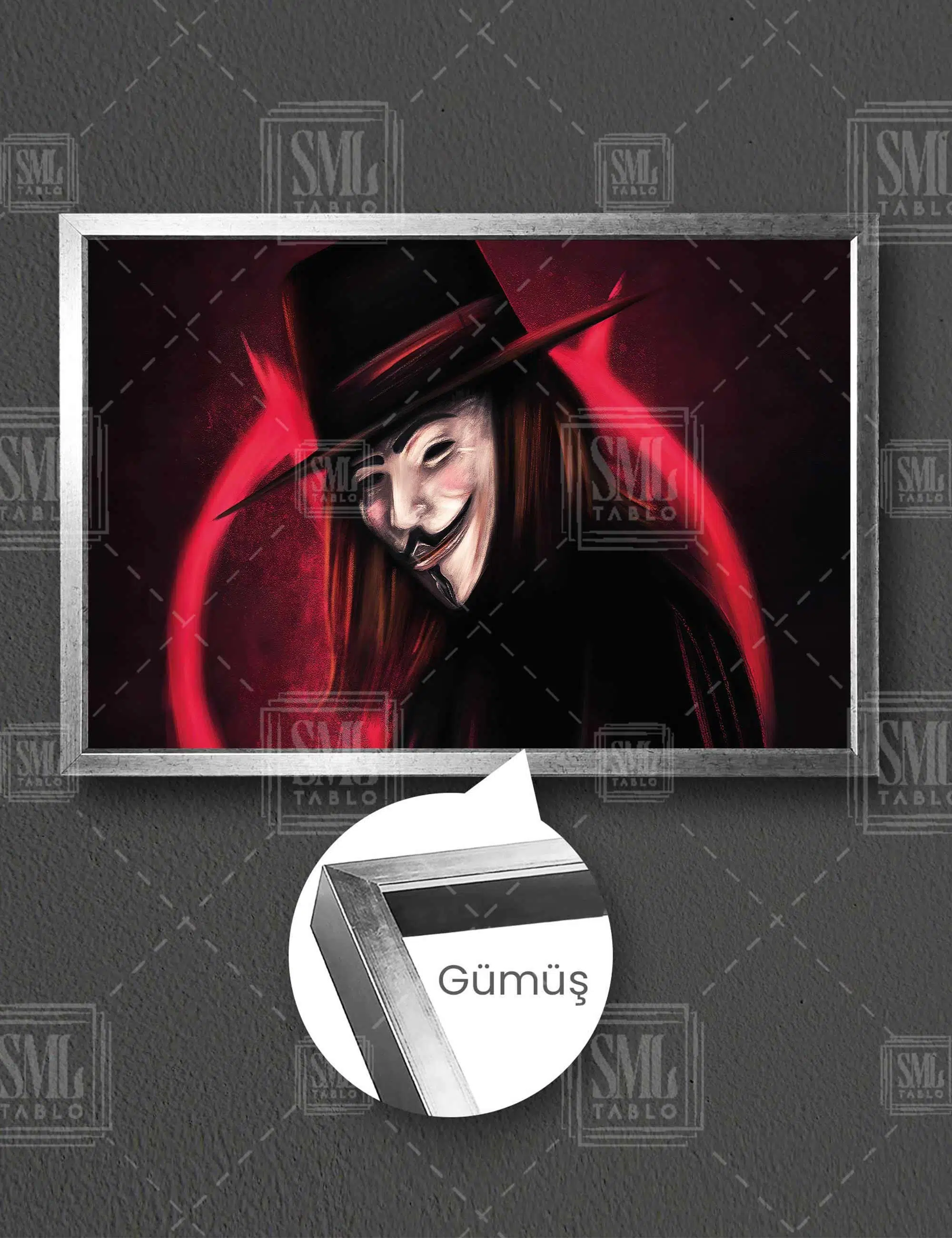 V For Vendetta Film Siyah Şapkalı Maskeli Adam Adalet Yatay Çerçeveli Kanvas Tablo - Gümüş