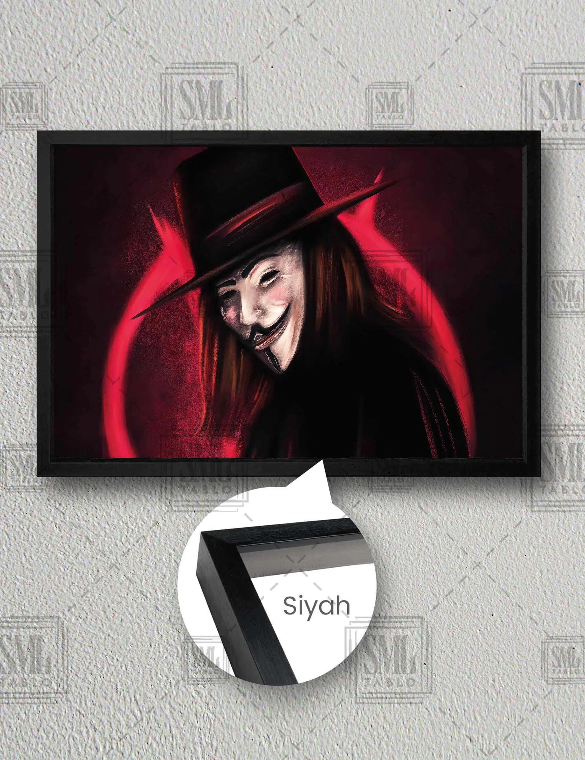 V For Vendetta Film Siyah Şapkalı Maskeli Adam Adalet Yatay Çerçeveli Kanvas Tablo - Siyah