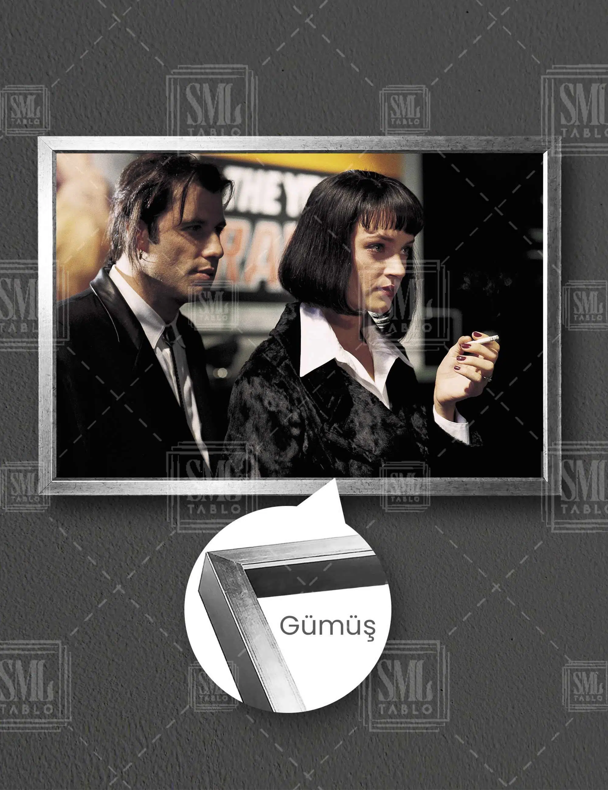 Pulp Fiction Uma Thurman John Travolta Ucuz Roman Tarantino Efsane Yatay Çerçeveli Kanvas Tablo - Gümüş