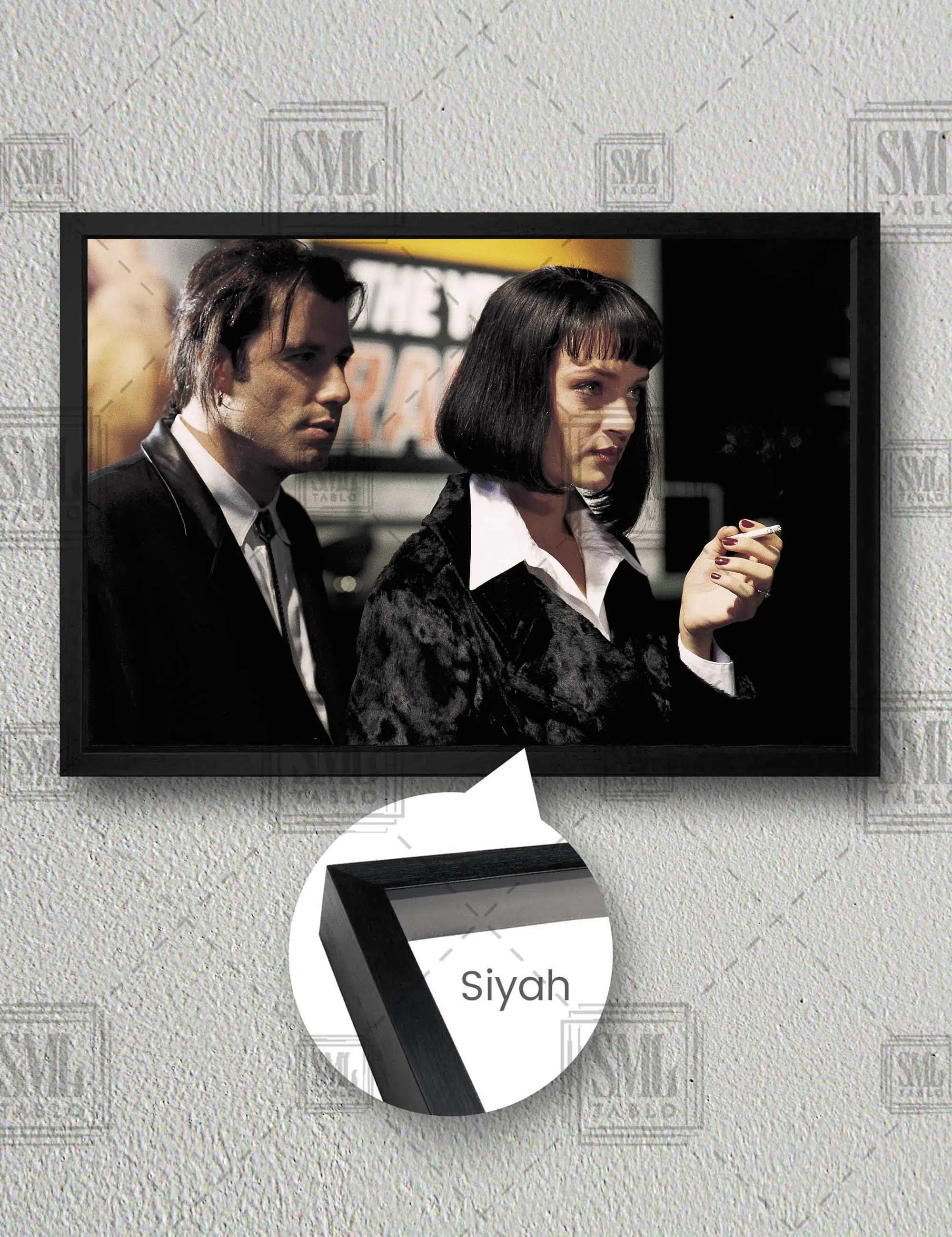 Pulp Fiction Uma Thurman John Travolta Ucuz Roman Tarantino Efsane Yatay Çerçeveli Kanvas Tablo - Siyah
