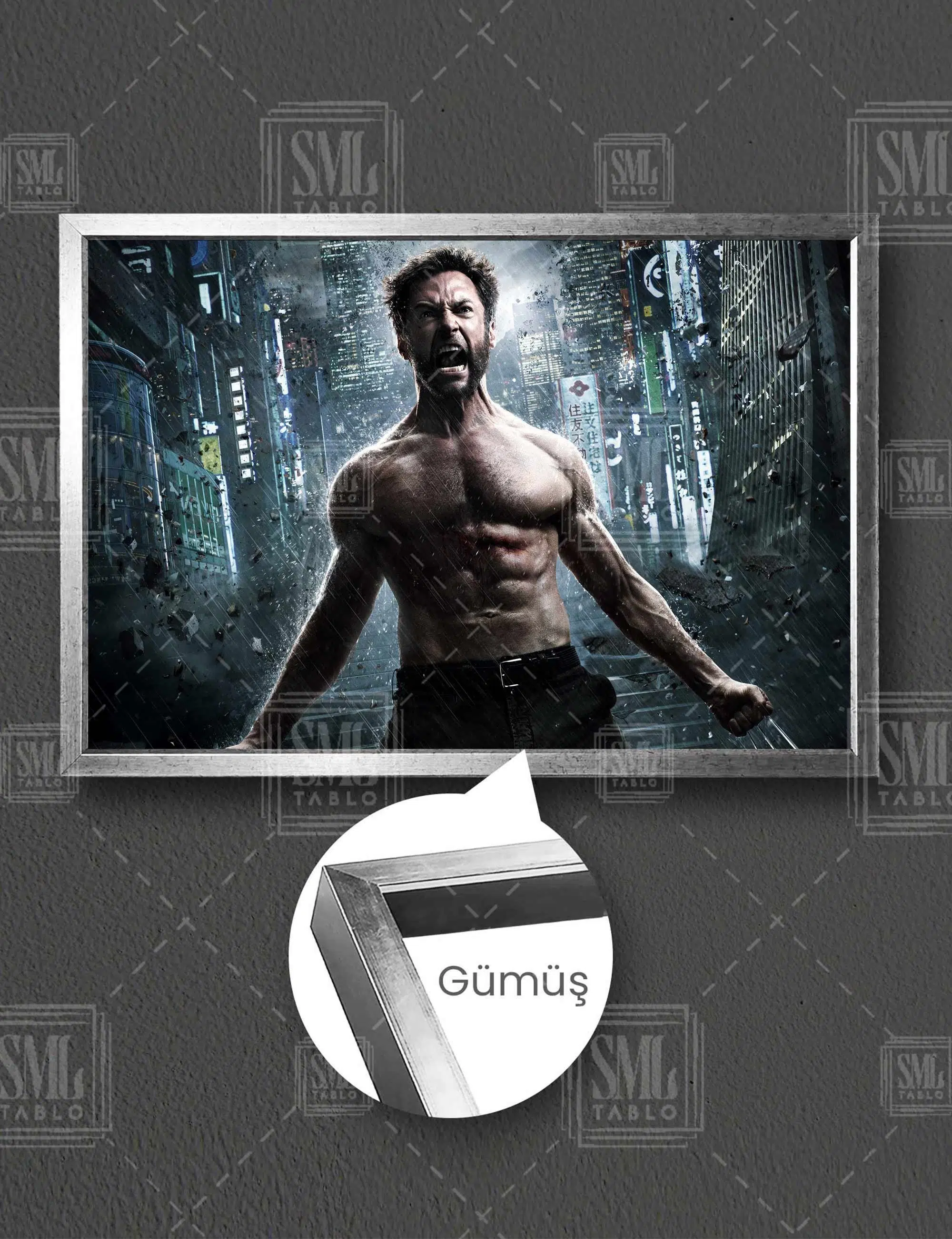 Yağmur Altında Hugh Jackman Wolverine Xman Film Yatay Çerçeveli Kanvas Tablo - Gümüş