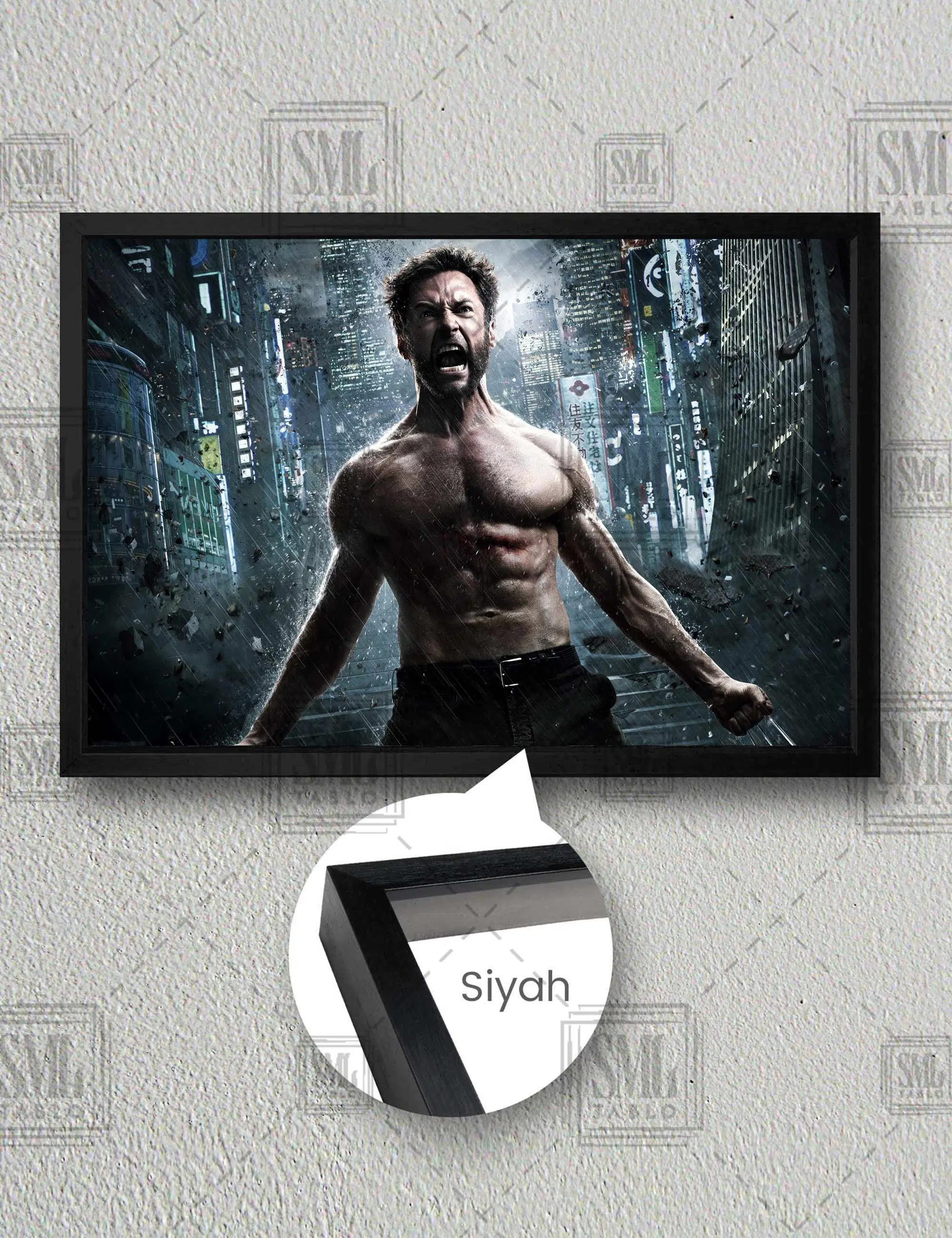 Yağmur Altında Hugh Jackman Wolverine Xman Film Yatay Çerçeveli Kanvas Tablo - Siyah