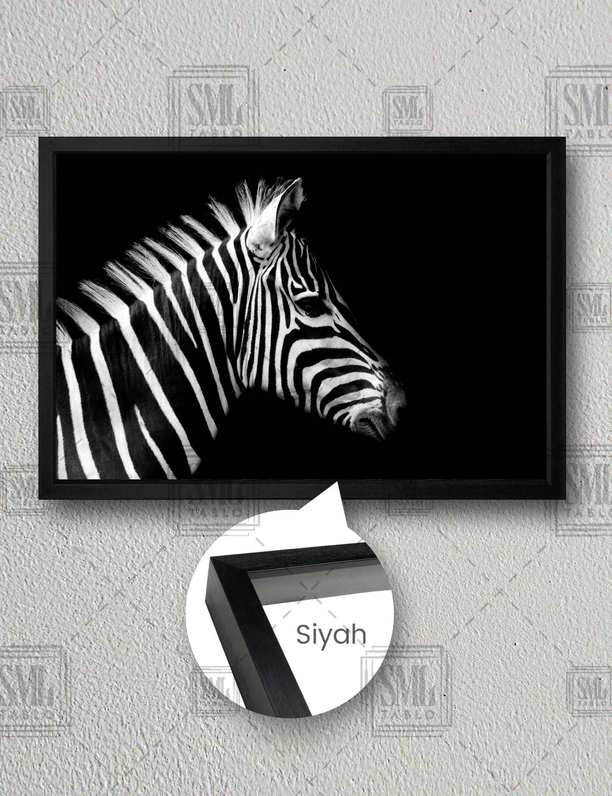 Zebra Kafası Afrika Hayvan Siyah Beyaz Yatay Çerçeveli Kanvas Tablo - Siyah