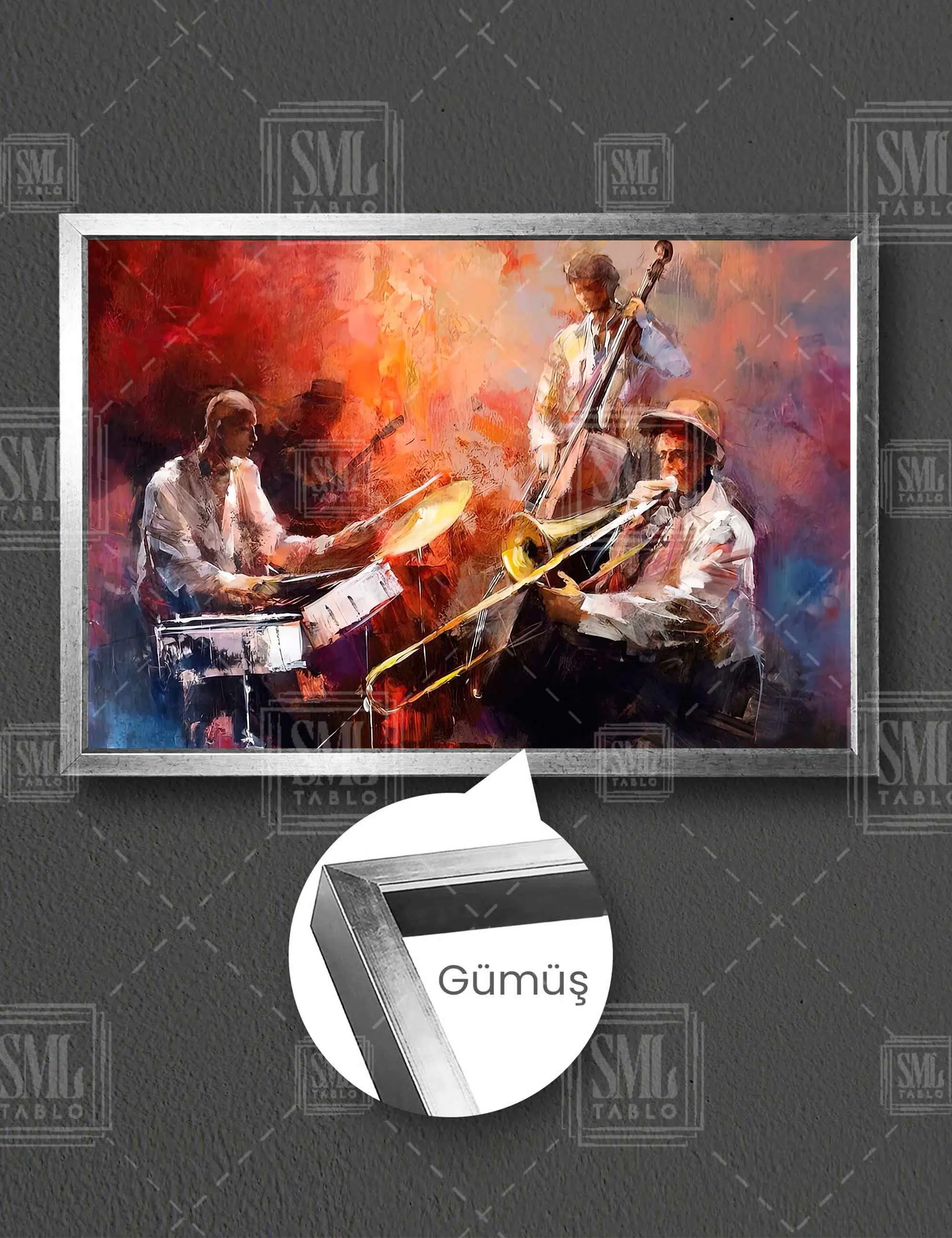 Müzik Yapan Caz Grubu Baterist Saksafoncu Çello Virtüözü Yatay Çerçeveli Kanvas Tablo - Gümüş