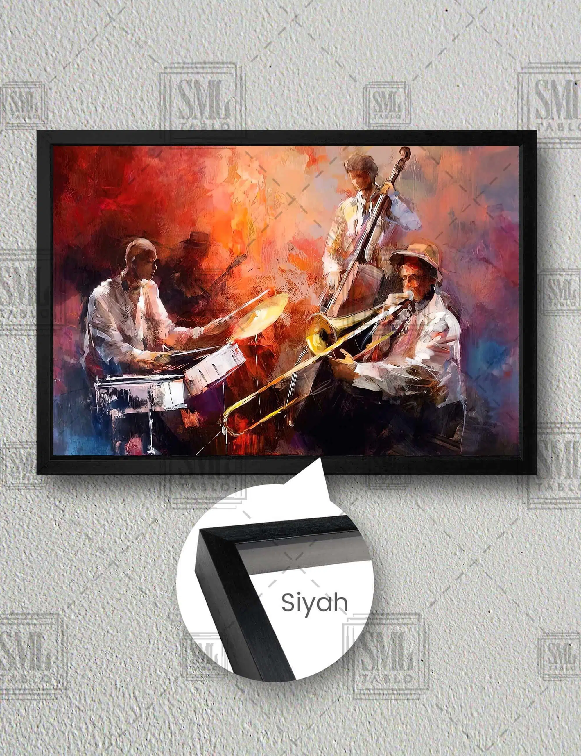 Müzik Yapan Caz Grubu Baterist Saksafoncu Çello Virtüözü Yatay Çerçeveli Kanvas Tablo - Siyah