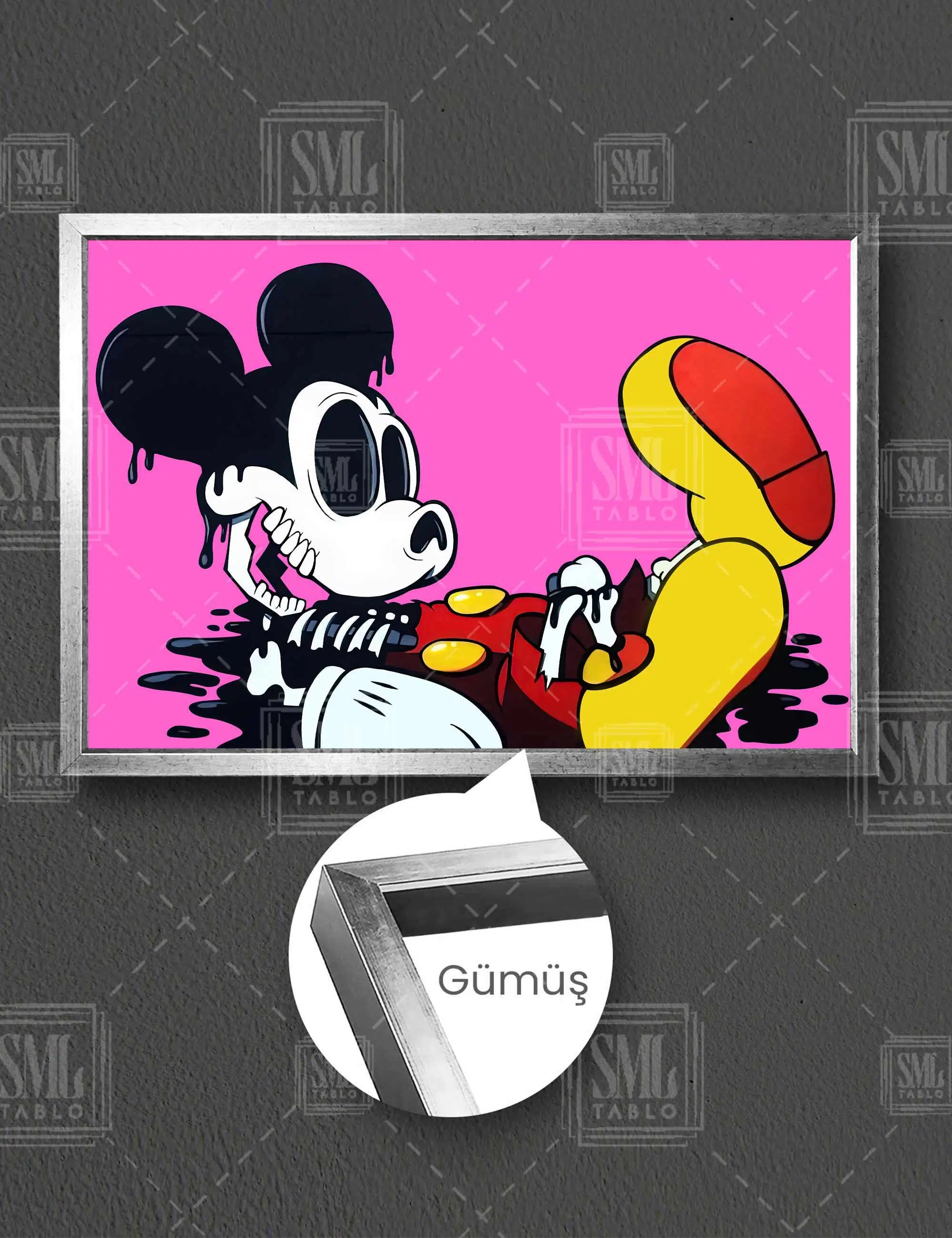Ölü Mickey Fare Pembe Grafiti Modern Dekor Yatay Çerçeveli Kanvas Tablo - Gümüş