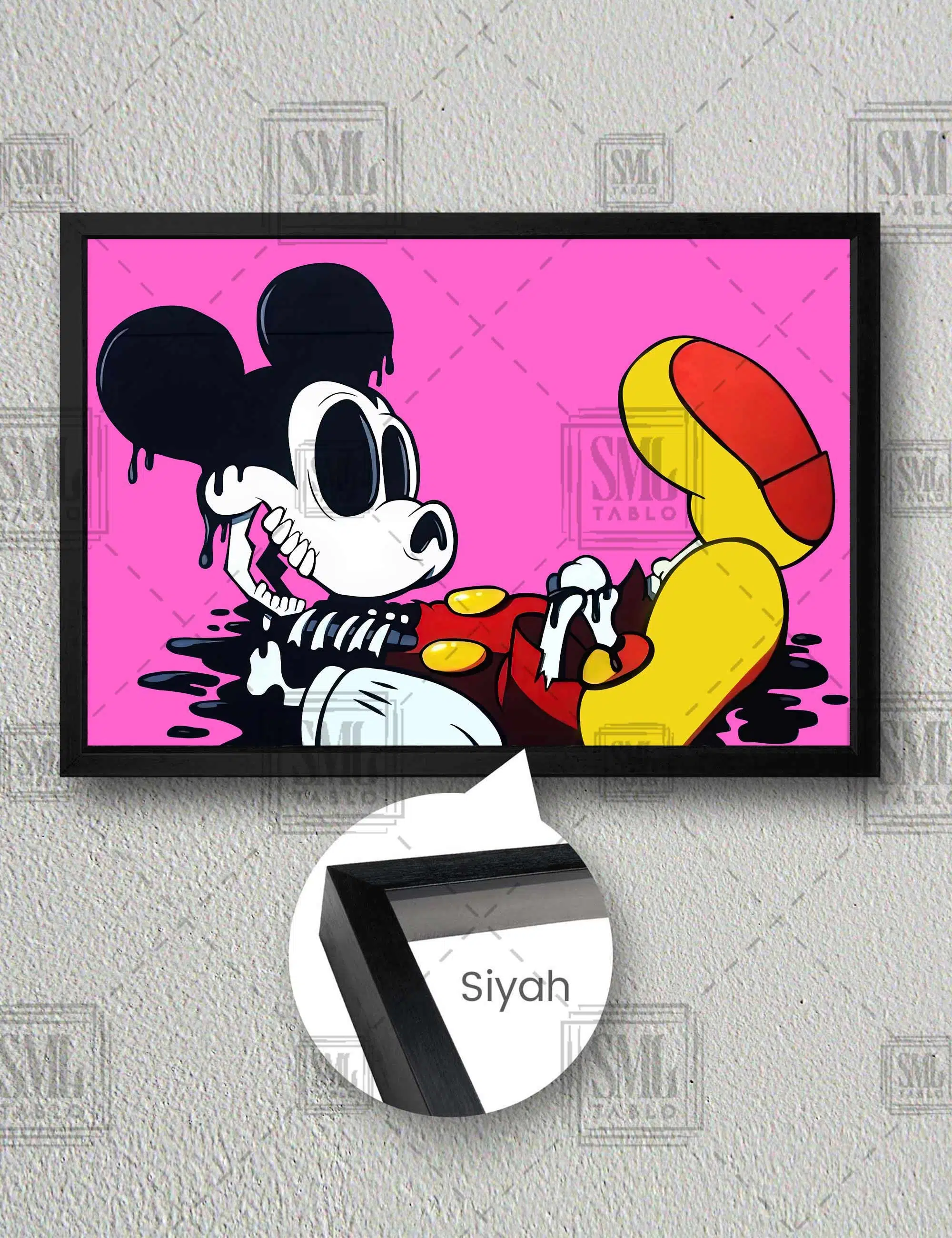 Ölü Mickey Fare Pembe Grafiti Modern Dekor Yatay Çerçeveli Kanvas Tablo - Siyah