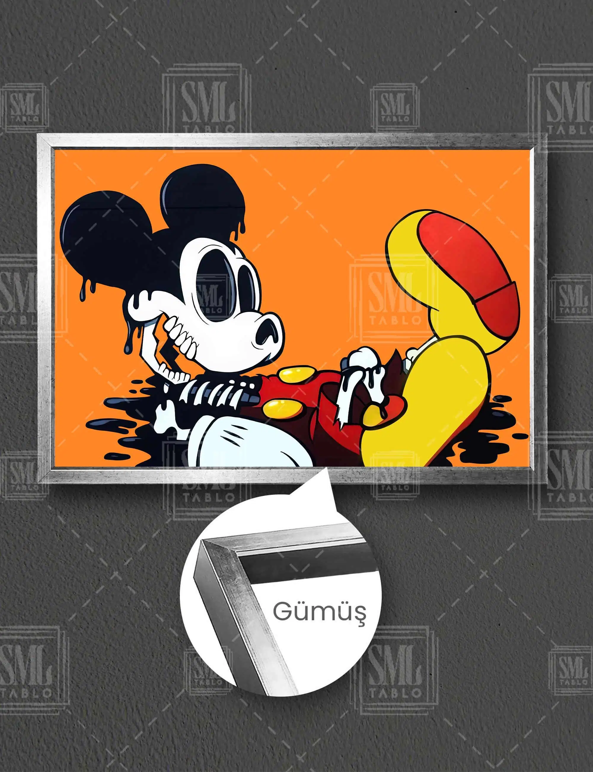 Ölü Mickey Fare Turuncu Grafiti Modern Dekor Yatay Çerçeveli Kanvas Tablo - Gümüş