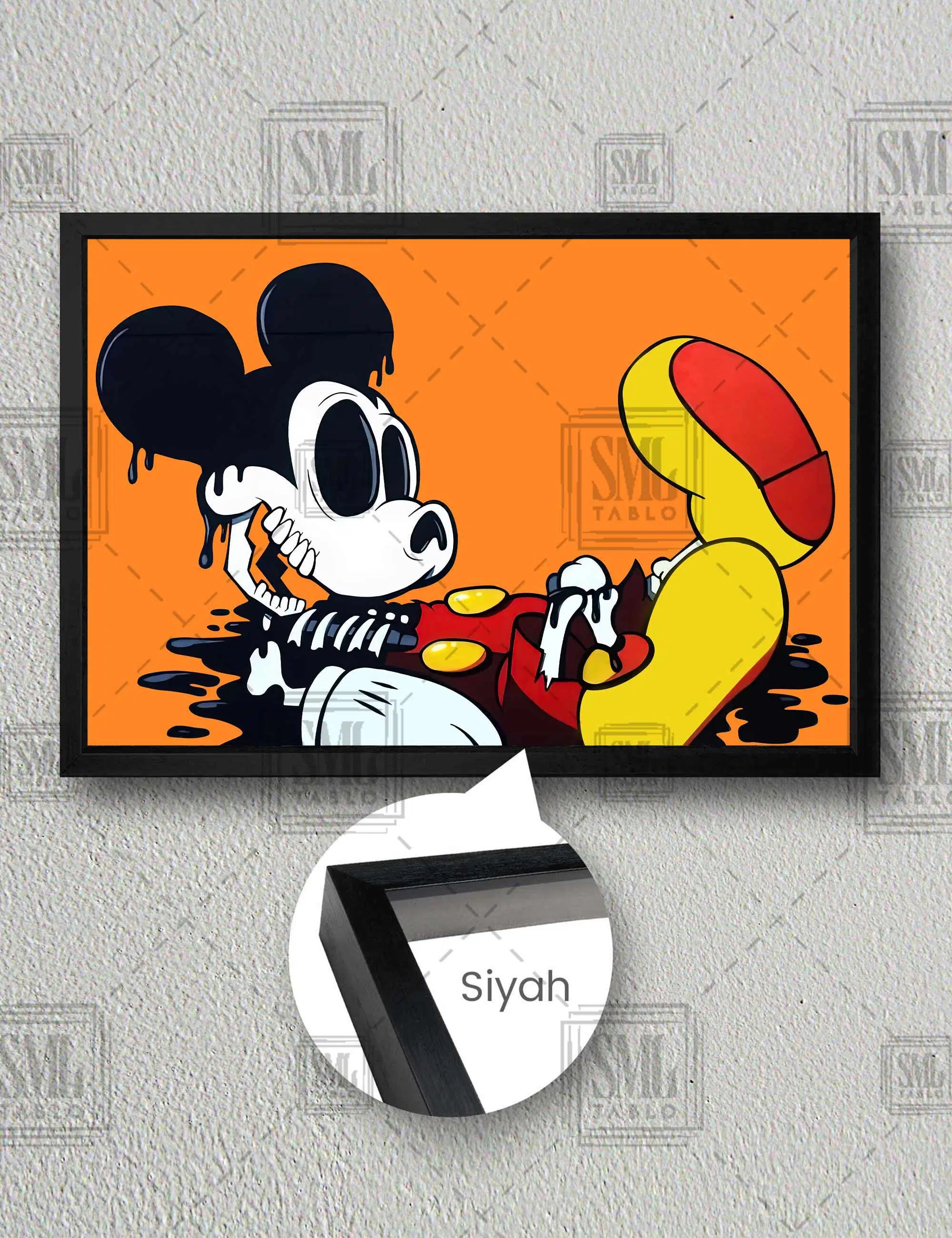 Ölü Mickey Fare Turuncu Grafiti Modern Dekor Yatay Çerçeveli Kanvas Tablo - Siyah