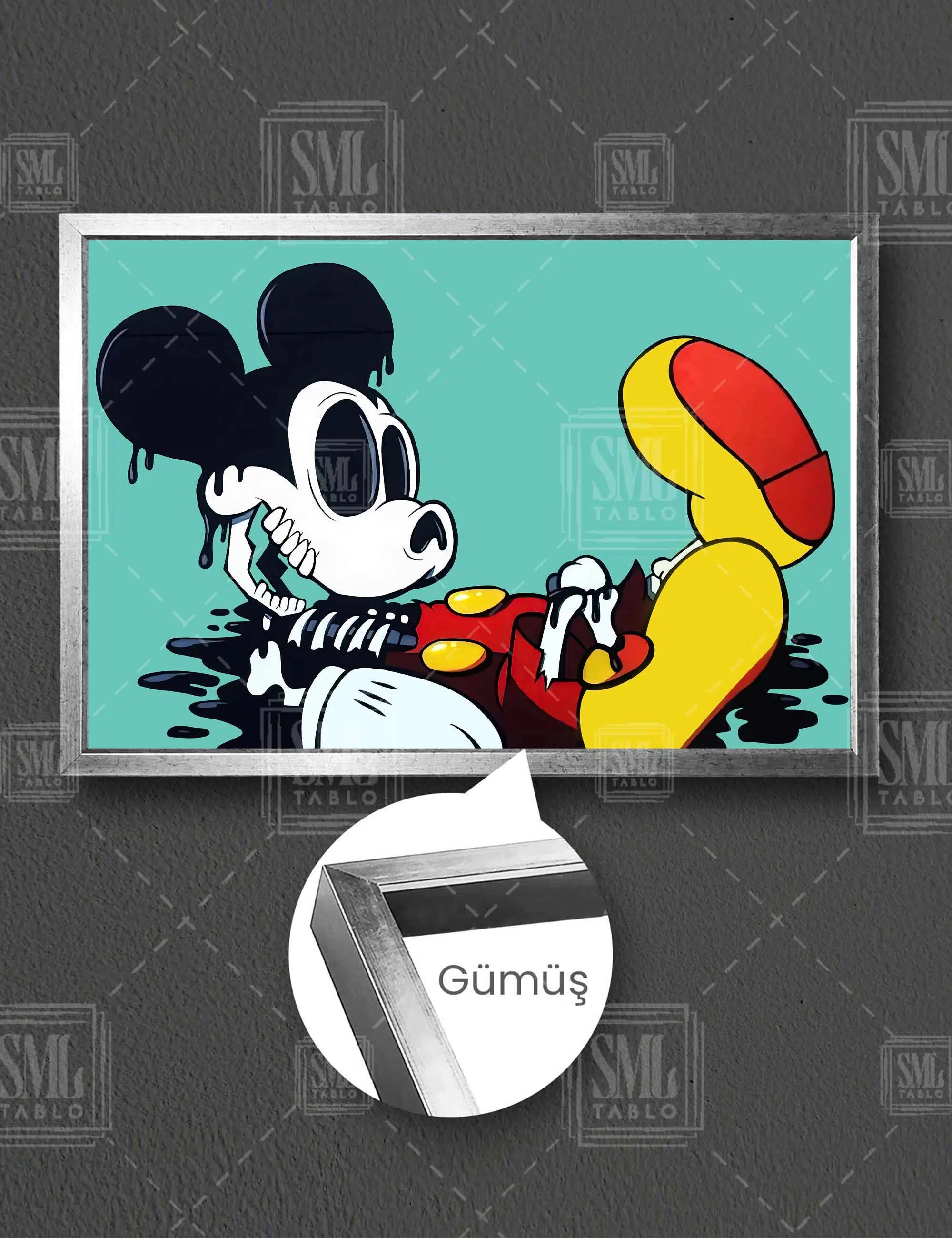 Ölü Mickey Fare Yeşil Grafiti Modern Dekor Yatay Çerçeveli Kanvas Tablo - Gümüş