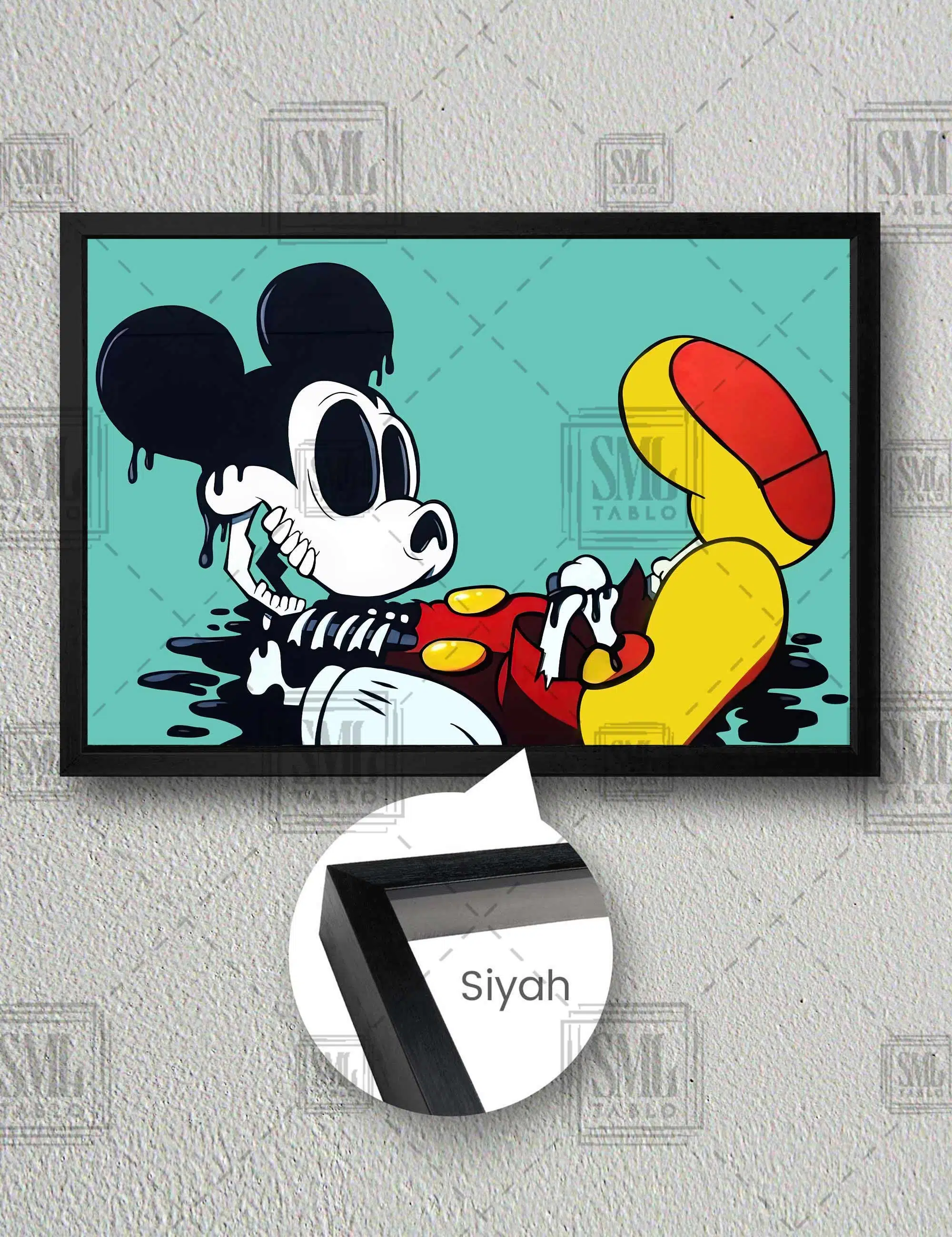 Ölü Mickey Fare Yeşil Grafiti Modern Dekor Yatay Çerçeveli Kanvas Tablo - Siyah