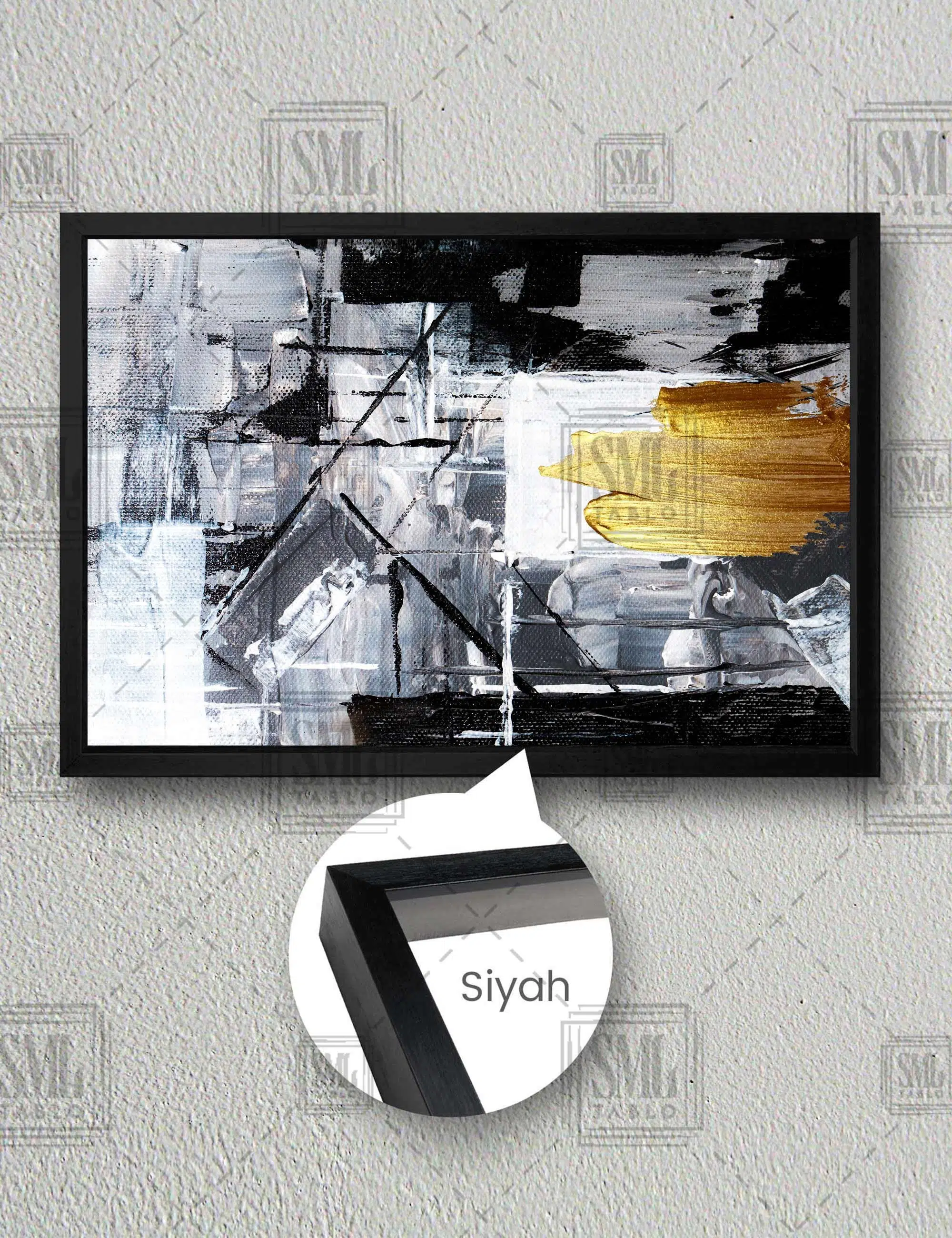 Siyah Beyaz Altın Detaylı Modern Gold Dekor Sanat Yatay Çerçeveli Kanvas Tablo - Siyah