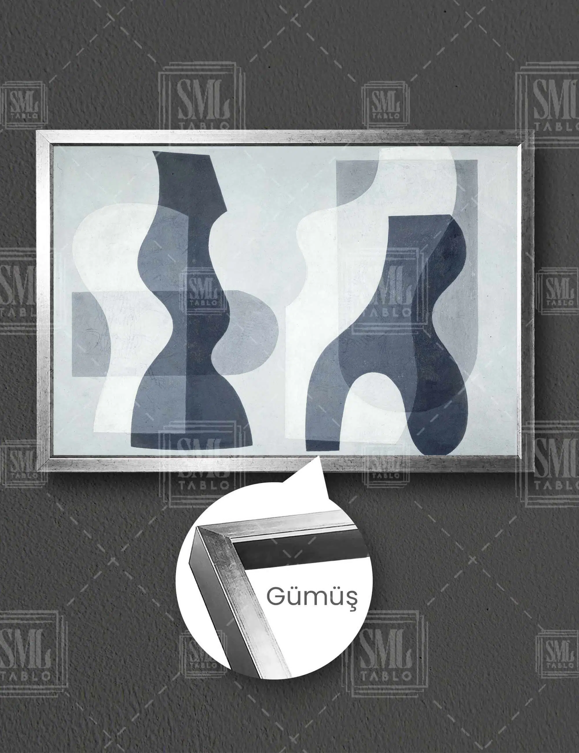 Soyut Resim Heykey Minimal Amorf Şekiller Yatay Çerçeveli Kanvas Tablo - Gümüş
