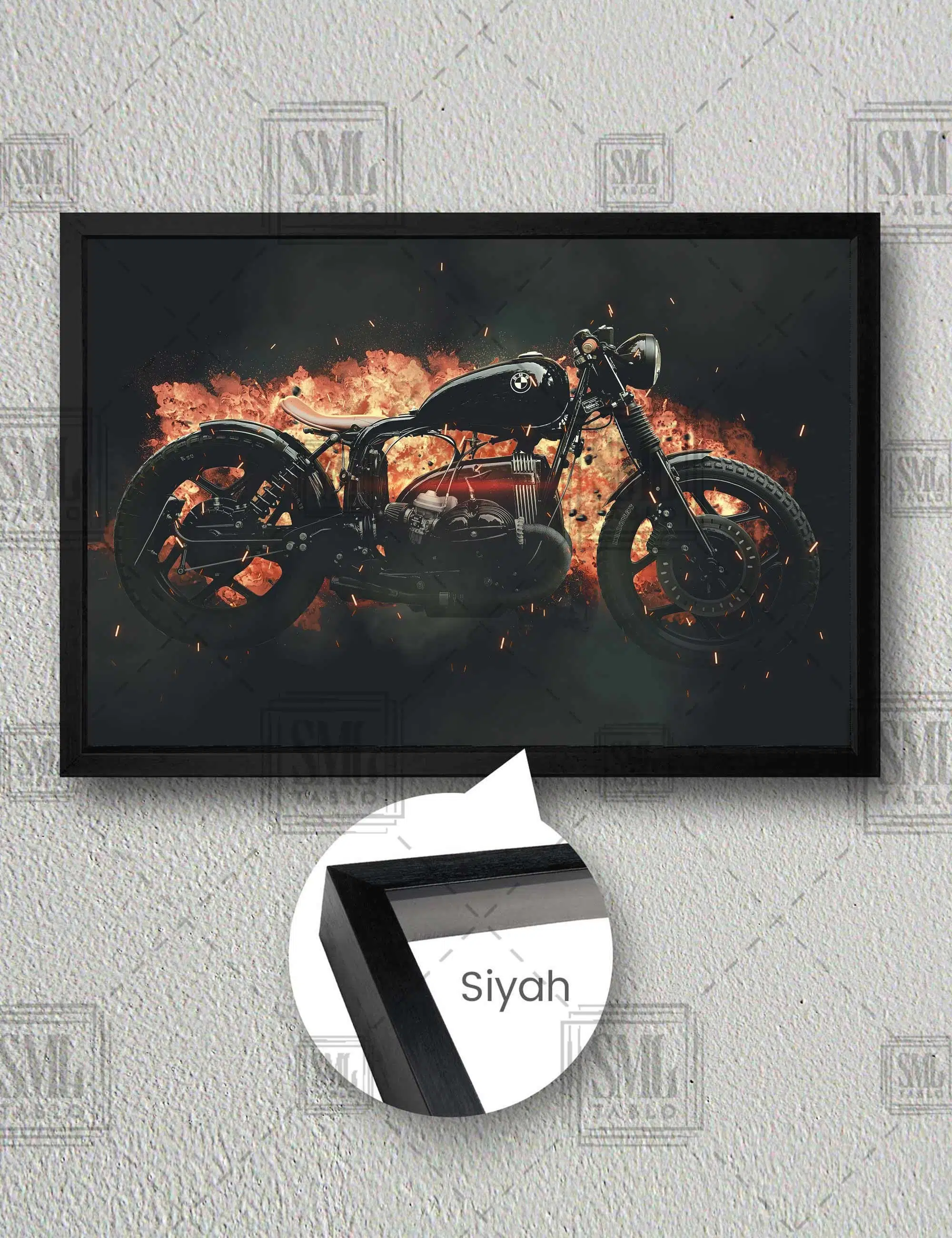 Bmw Motorsiklet Chopper Alev Patlaması İçinde Yatay Çerçeveli Kanvas Tablo - Siyah