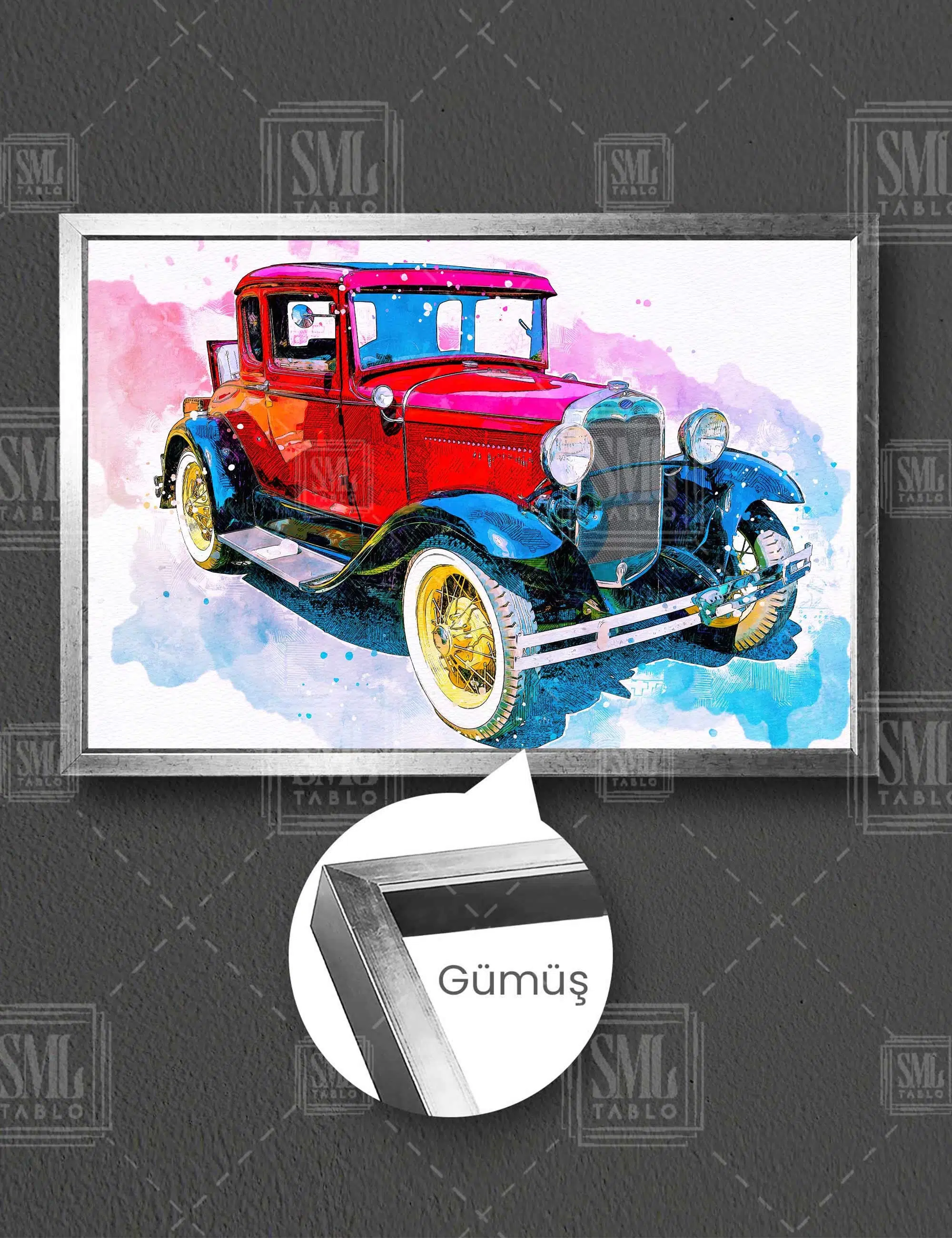 Eski Model Vintage Kırmızı Araba İlüstrasyon Çizim Yatay Çerçeveli Kanvas Tablo - Gümüş