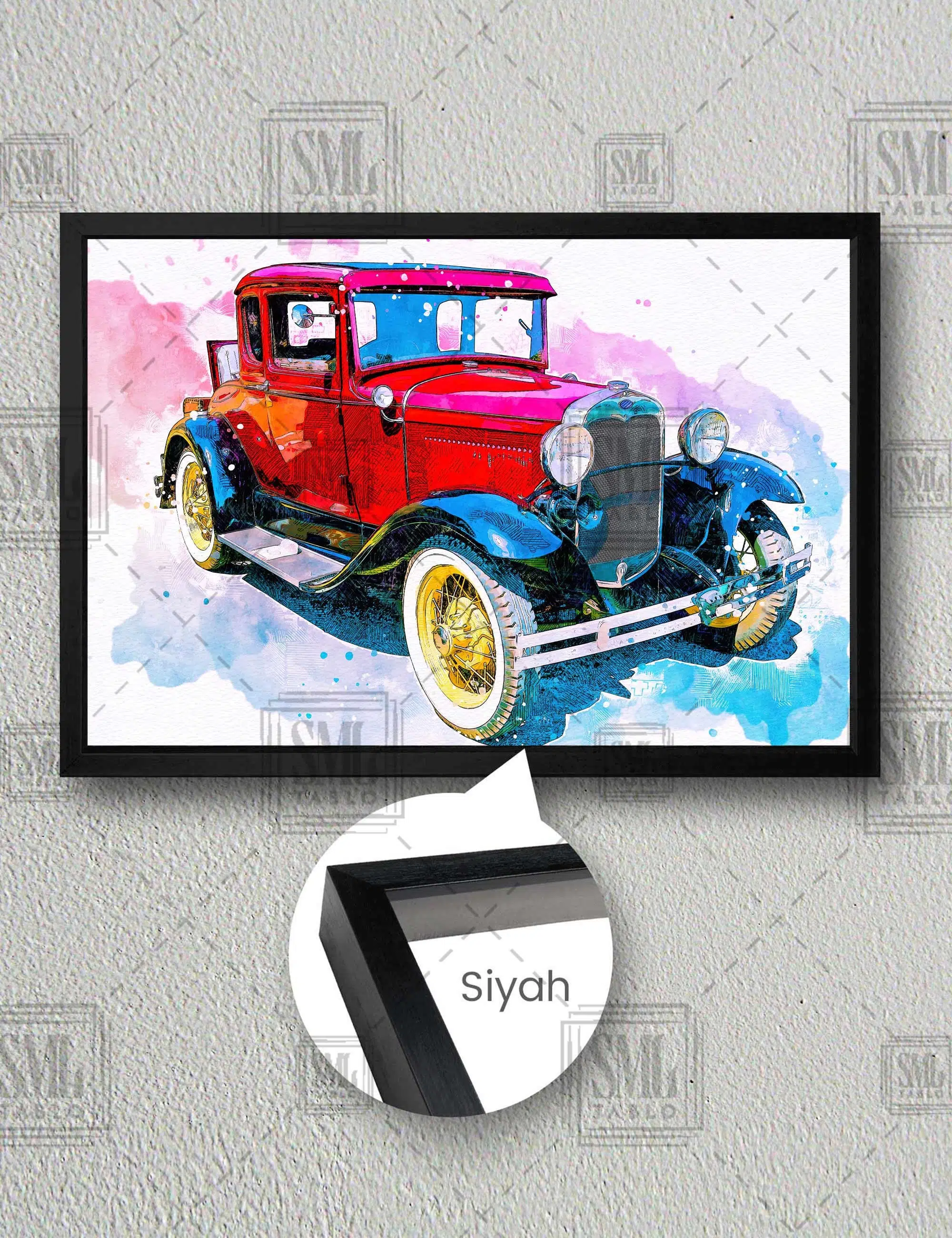 Eski Model Vintage Kırmızı Araba İlüstrasyon Çizim Yatay Çerçeveli Kanvas Tablo - Siyah
