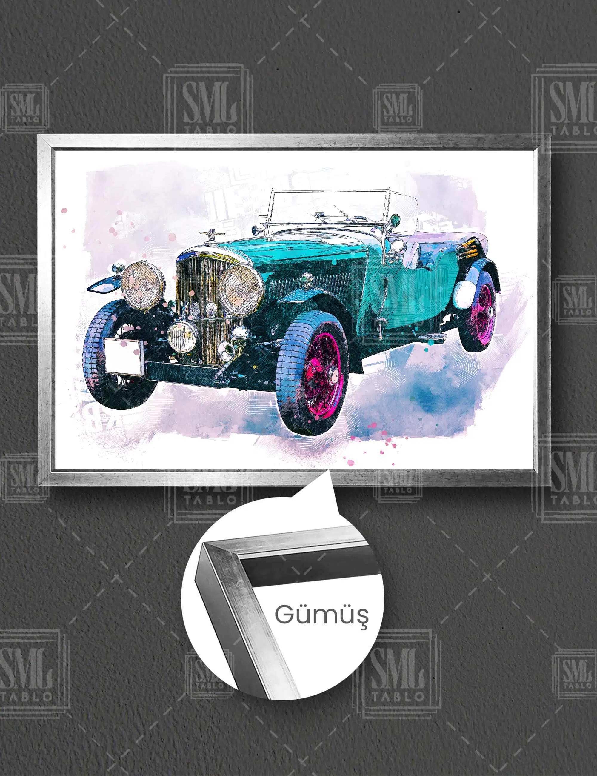 Eski Model Vintage Mavi Araba İlüstrasyon Çizim Yatay Çerçeveli Kanvas Tablo - Gümüş