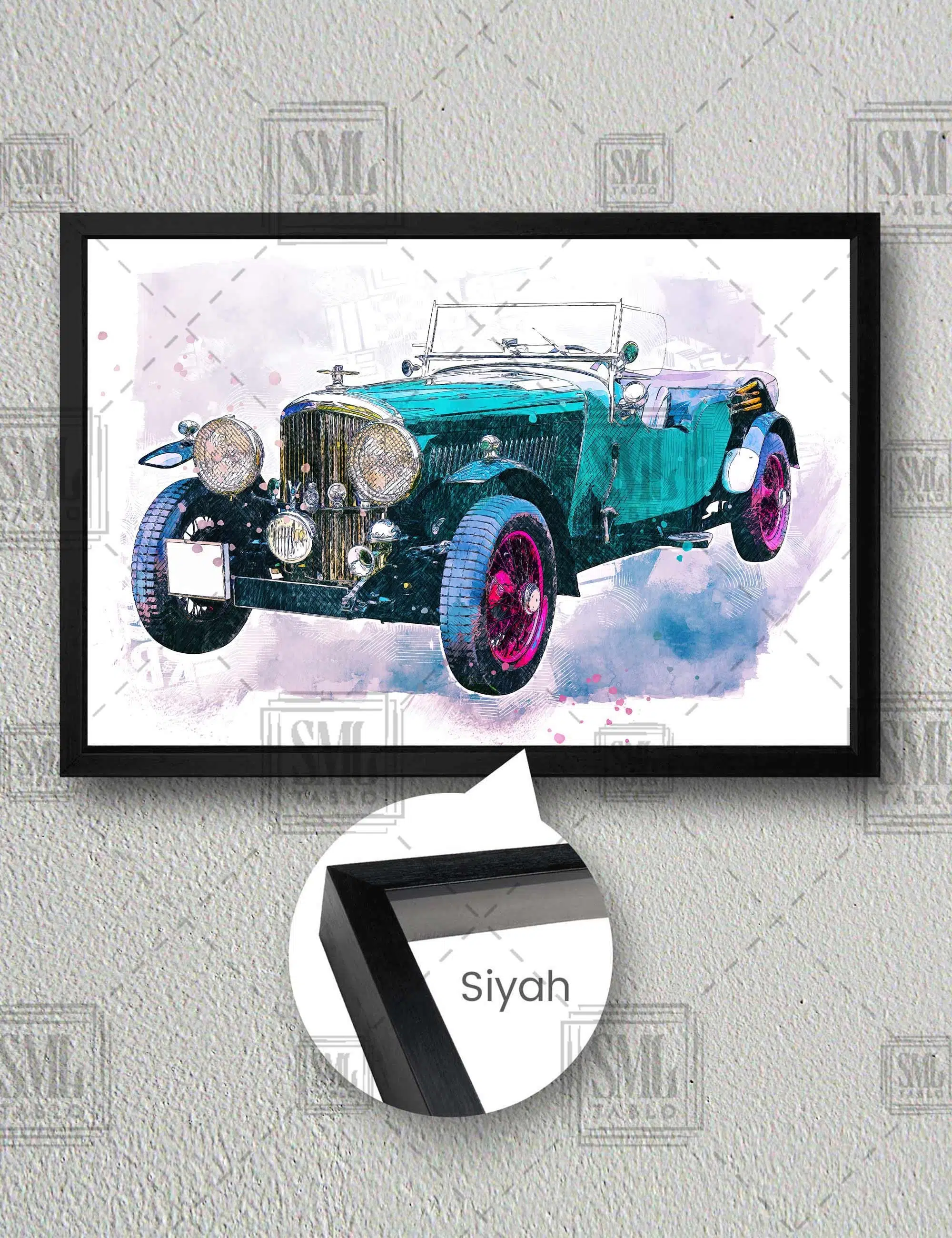 Eski Model Vintage Mavi Araba İlüstrasyon Çizim Yatay Çerçeveli Kanvas Tablo - Siyah