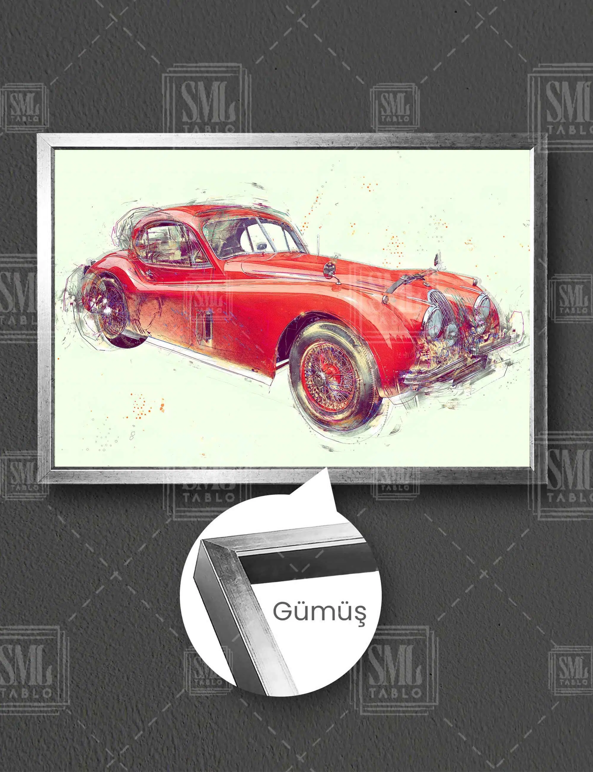 Kırmızı Eski Model Coupe Koleksiyon Araba Çizimi Yatay Çerçeveli Kanvas Tablo - Gümüş