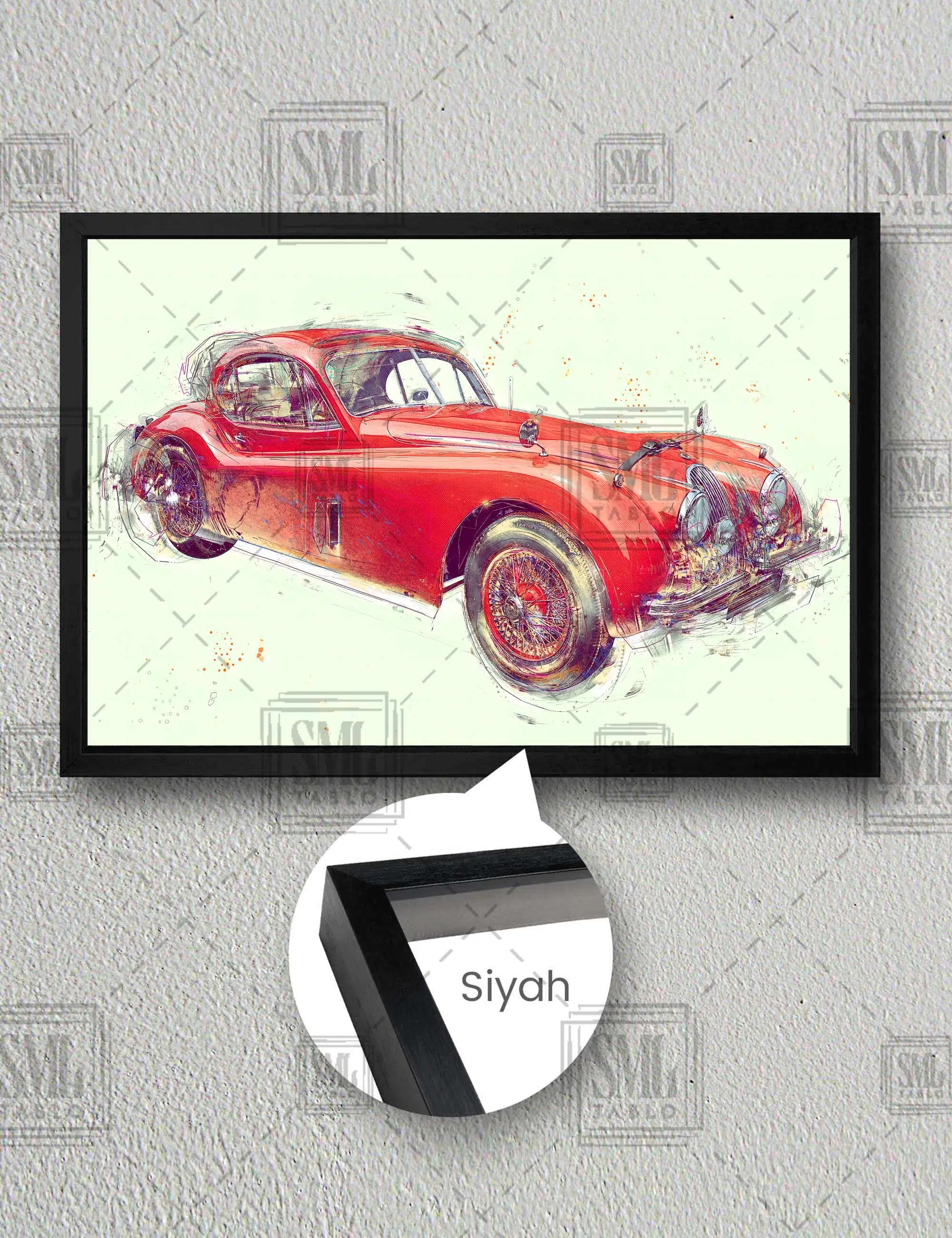 Kırmızı Eski Model Coupe Koleksiyon Araba Çizimi Yatay Çerçeveli Kanvas Tablo - Siyah